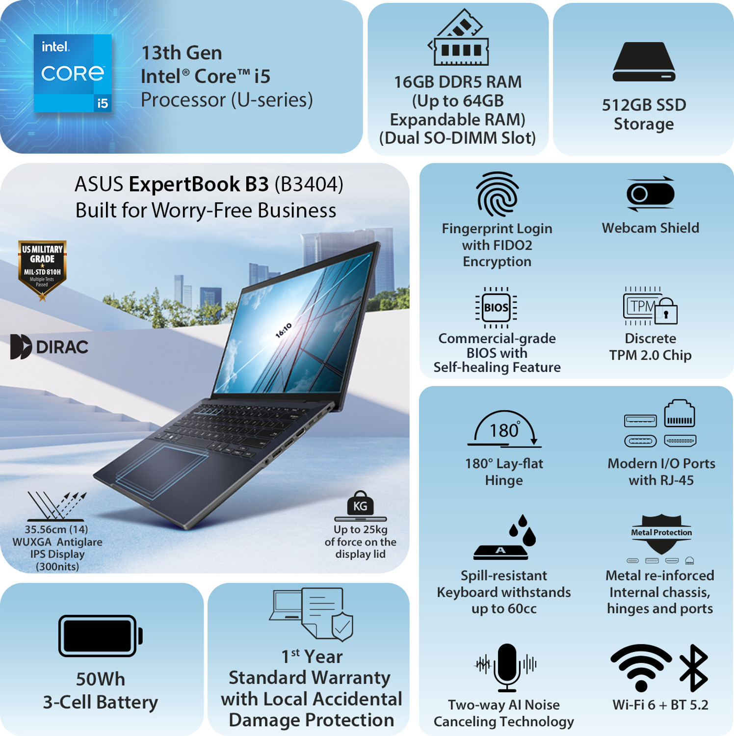 Image of ASUS Intel Core i5 13th Gen 1335U - (16 GB /512 GB SSD /Windows 11 Pro) B3404CVAB-Q50884X Thin and Light Laptop