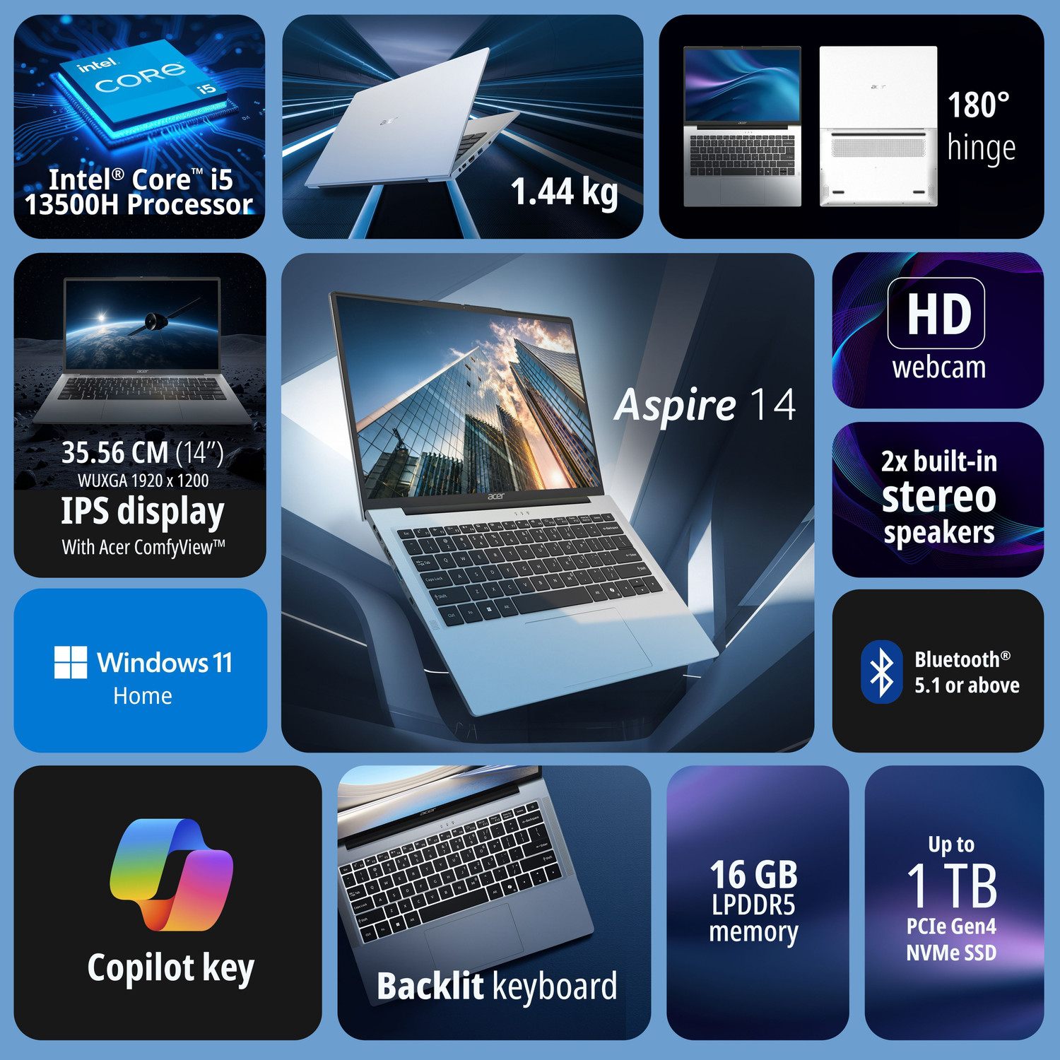 Image of Acer Aspire 14 with Backlit Keyboard, Intel Core i5 13th Gen - (16 GB /512 GB SSD /Windows 11 Home) AS14H-53 Thin and Light Laptop