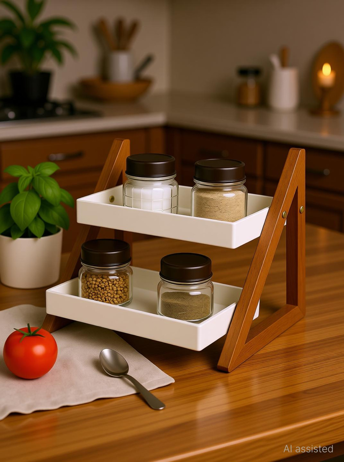 Image of RAHUL SRE HANDICRAFTS Containers Kitchen Rack Wood Triangular Spice Rack - 2-Tier Kitchen Countertop Organizer & Storage Shelves