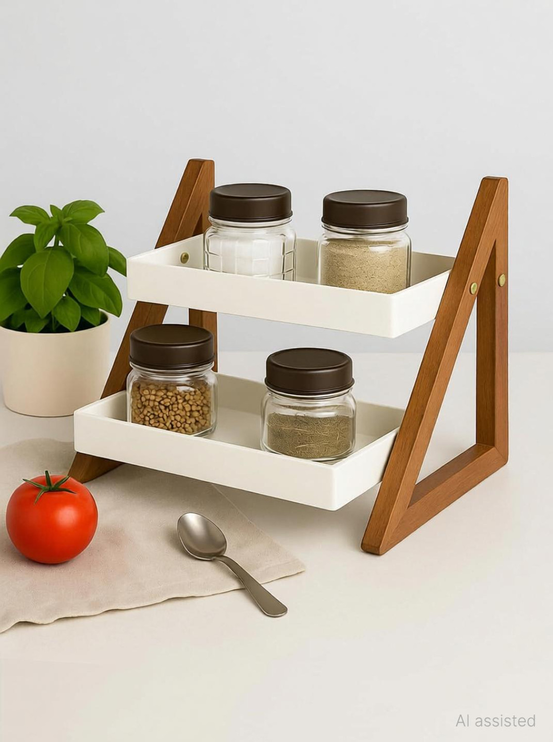 Image of RAHUL SRE HANDICRAFTS Containers Kitchen Rack Wood Triangular Spice Rack - 2-Tier Kitchen Countertop Organizer & Storage Shelves