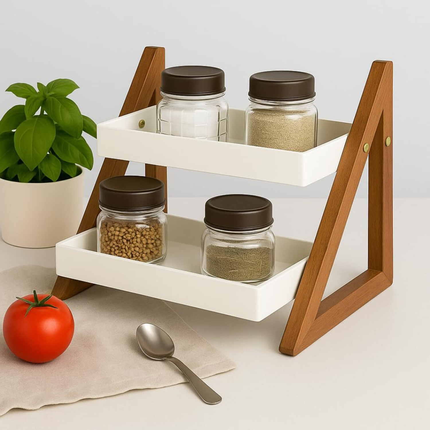 Image of RAHUL SRE HANDICRAFTS Containers Kitchen Rack Wood Triangular Spice Rack - 2-Tier Kitchen Countertop Organizer & Storage Shelves