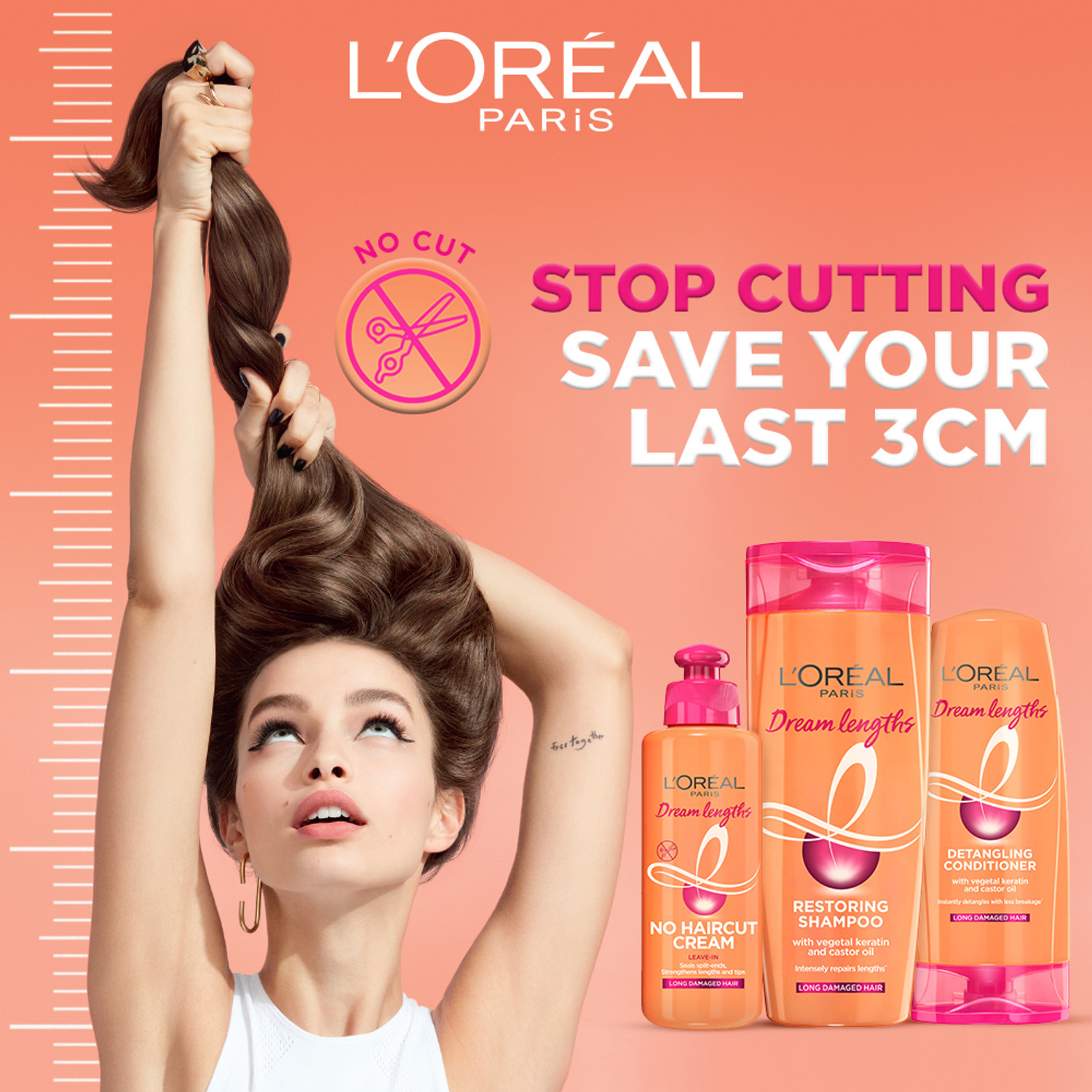Image of L'Oreal Paris Dream Lengths No Haircut Cream 50ml (Leave-In Conditioner), Sulfate free and Paraben free