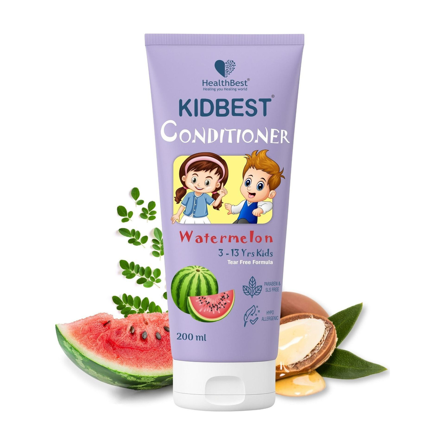 Image of HealthBest Kidbest Conditioner for Kids | Nourishing Hair | Hair Smoothing | Tear, Paraben, SLS free | Watermelon Flavor | 200g