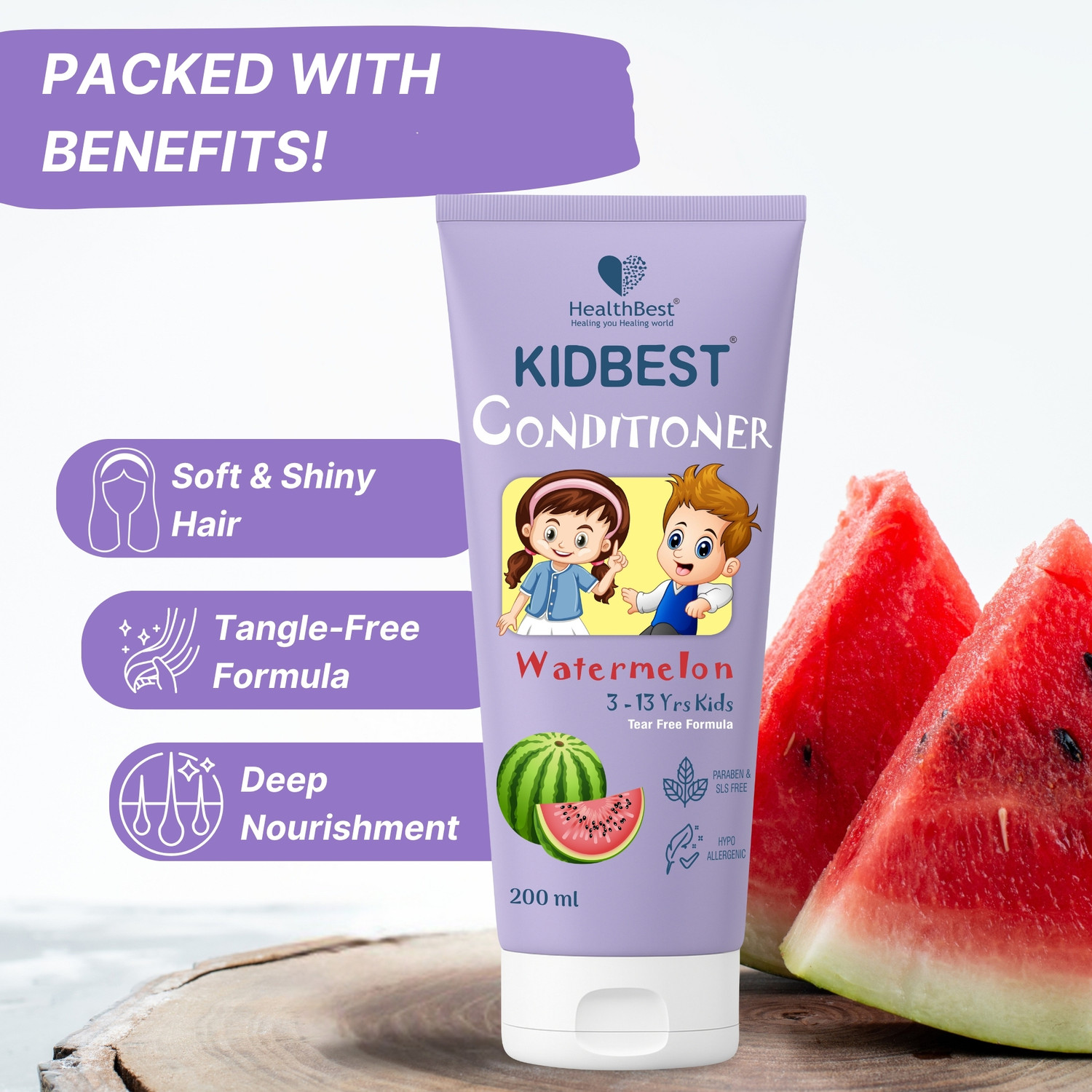 Image of HealthBest Kidbest Conditioner for Kids | Nourishing Hair | Hair Smoothing | Tear, Paraben, SLS free | Watermelon Flavor | 200g