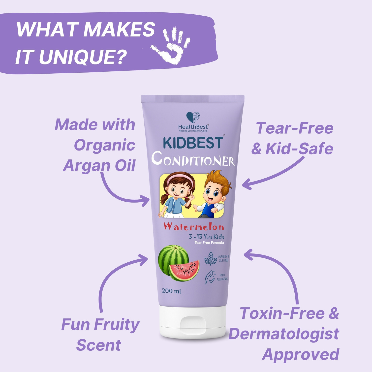 Image of HealthBest Kidbest Conditioner for Kids | Nourishing Hair | Hair Smoothing | Tear, Paraben, SLS free | Watermelon Flavor | 200g