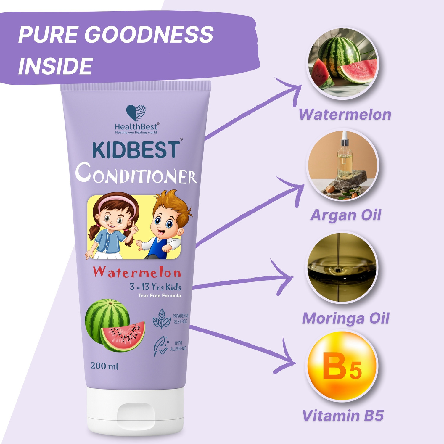 Image of HealthBest Kidbest Conditioner for Kids | Nourishing Hair | Hair Smoothing | Tear, Paraben, SLS free | Watermelon Flavor | 200g