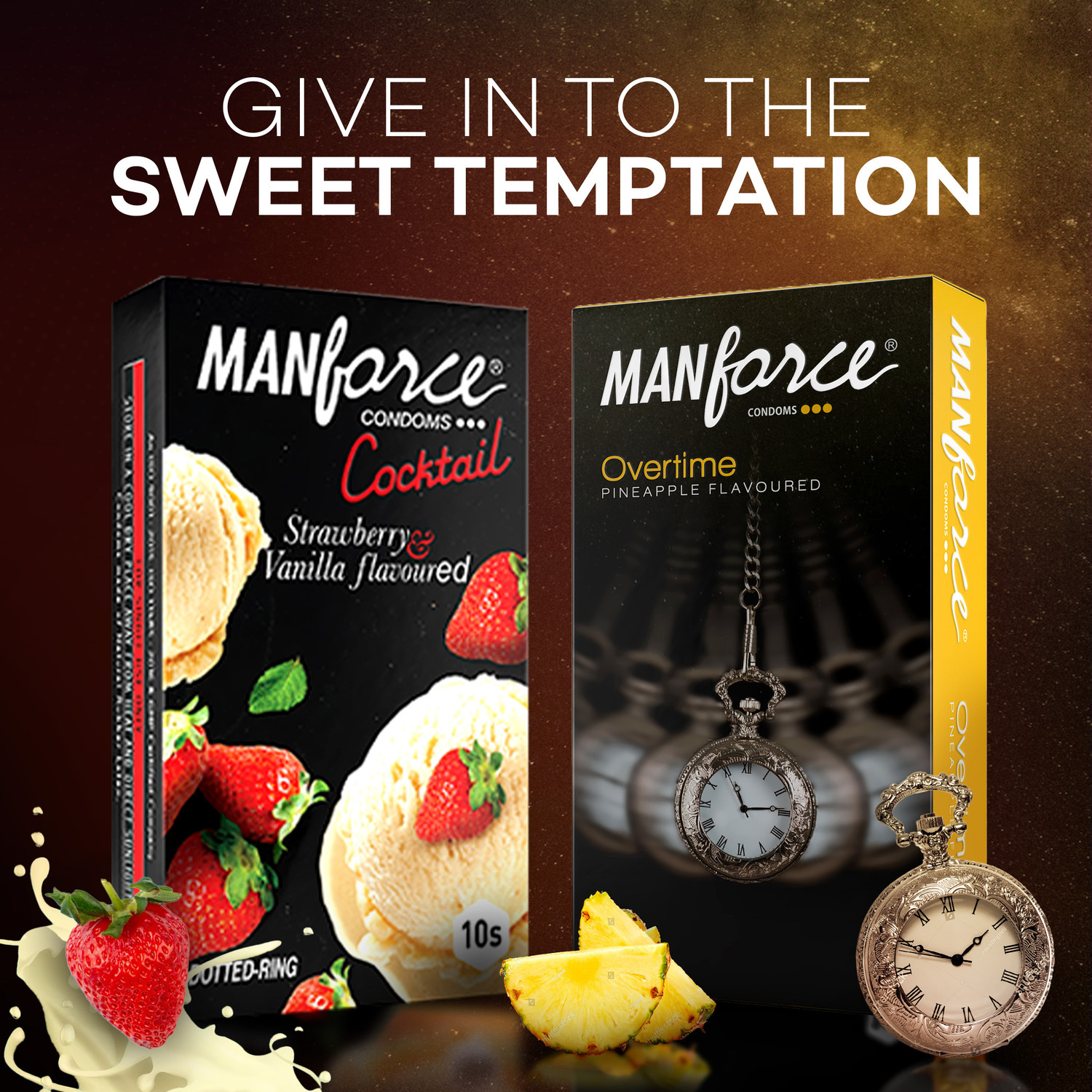 Image of MANFORCE Cocktail Condoms with Dotted-Rings, Strawberry & Vanilla Flavoured- 10 Pieces & Overtime Pineapple 3in1 (Ribbed, Contour, Dotted) Condoms - 10 Pieces Condom (Set of 2, 20 Sheets)