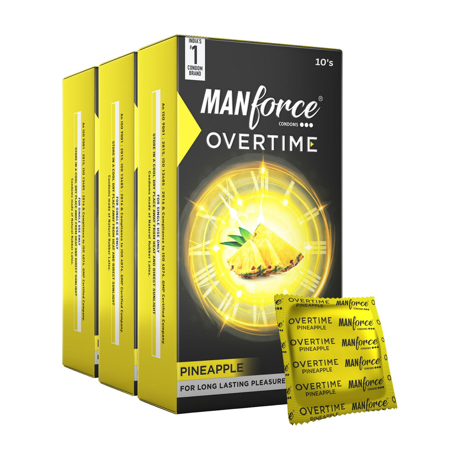 Image of MANFORCE Overtime Pineapple 3in1 (Ribbed, Contour, Dotted) Condoms - 10 Pieces x Pack of 3 Condom (Set of 3, 30 Sheets)