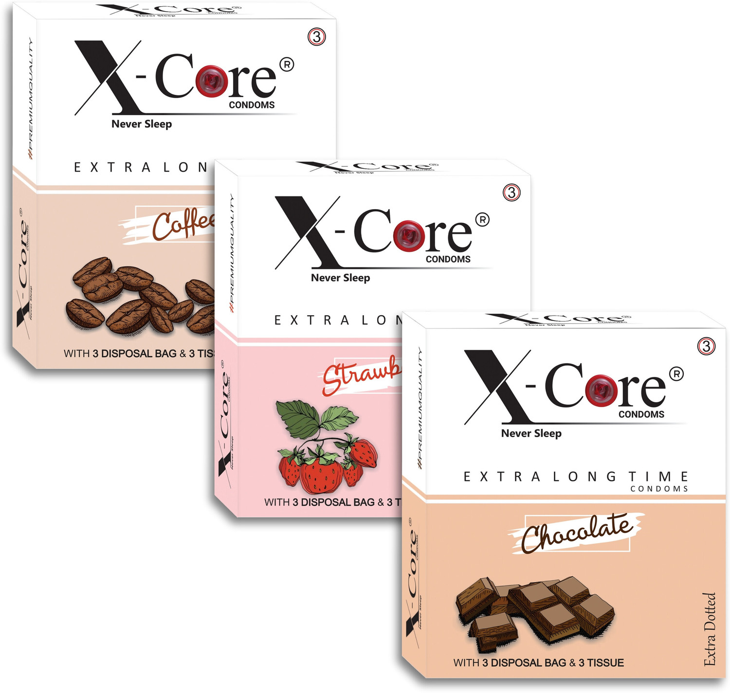 Image of X-Core Exciting Combo dotted, flavored condom-(coffee,strawberry,Chocolate) 9 PCS Condom