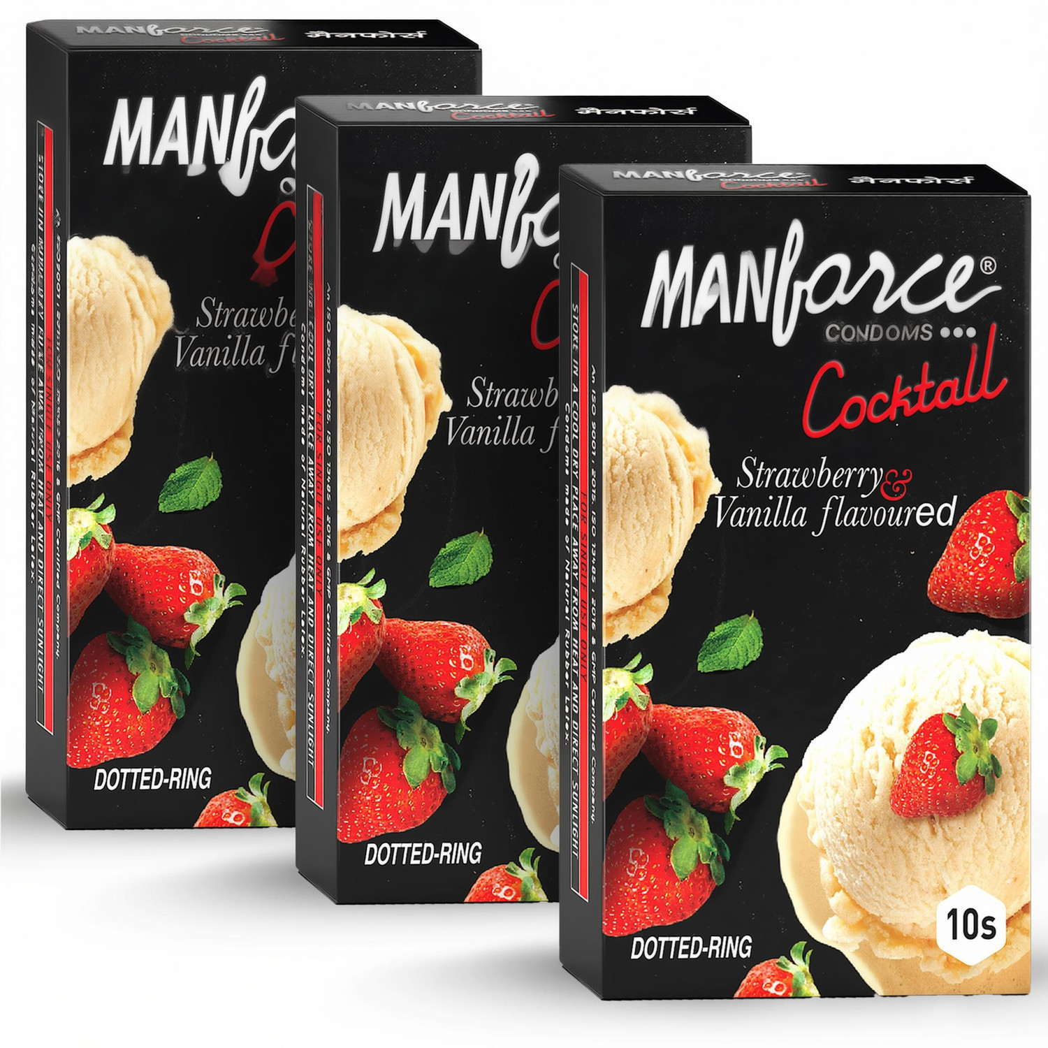 Image of MANFORCE Cocktail Condoms with Dotted-Rings, Strawberry & Vanilla Flavoured- 10 Pieces x Pack of 3 Condom (Set of 3, 30 Sheets)