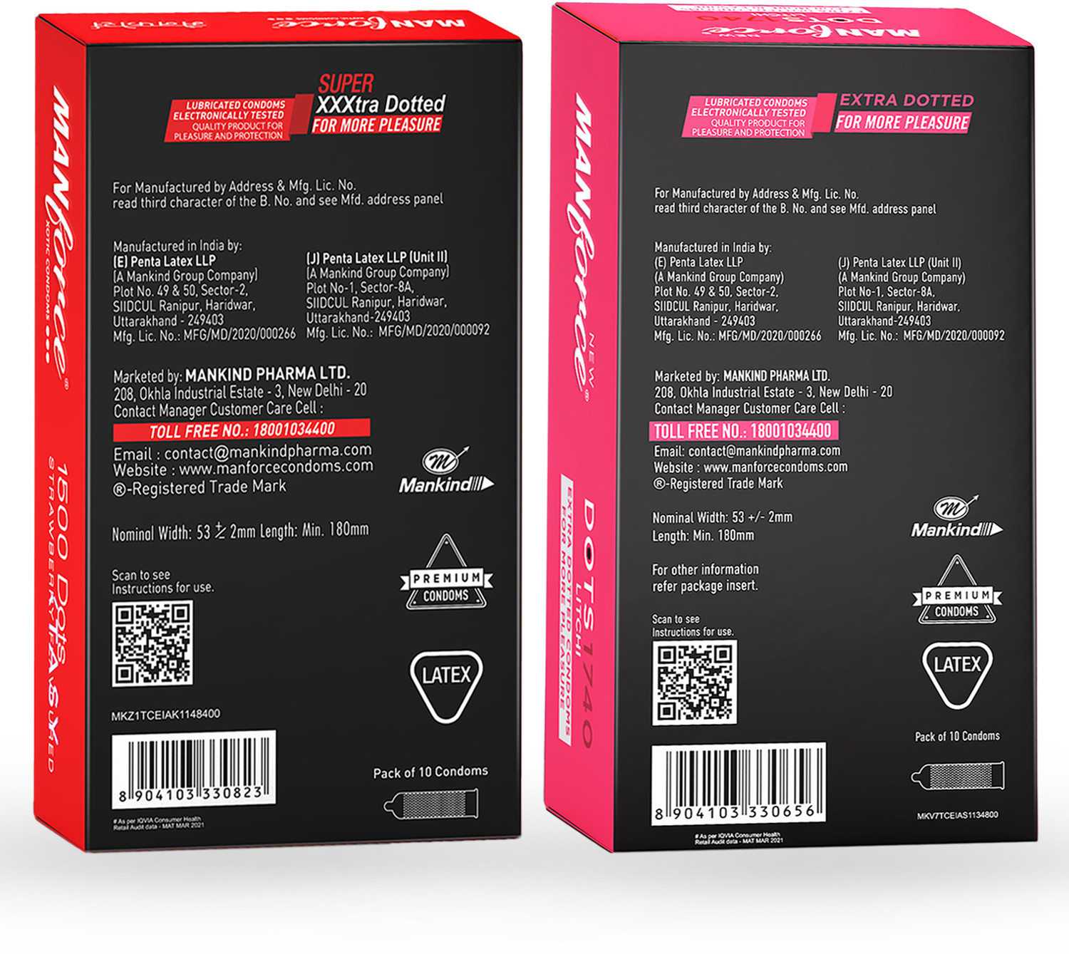 Image of MANFORCE 3 in 1 Wild Ribbed Contour Dotted Strawberry Flavor Condoms - 10 Pieces & Extra Dotted Litchi Flavoured Condoms - 10 Pieces Condom (Set of 2, 20 Sheets)