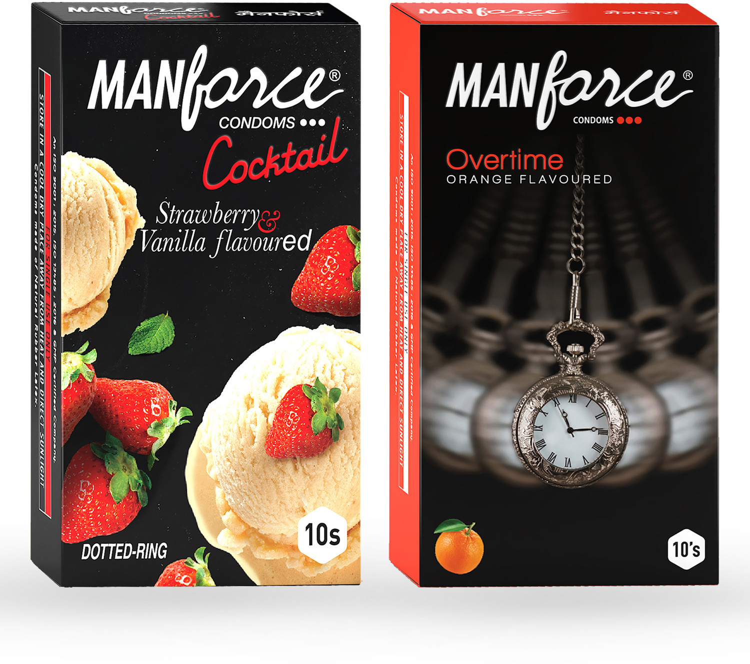 Image of MANFORCE Cocktail Condoms with Dotted-Rings, Strawberry & Vanilla Flavoured- 10 Pieces & 3 in 1 Condoms (Ribbed, Contour, Dotted), Overtime Orange Flavoured- 10 Pieces Condom (Set of 2, 20 Sheets)