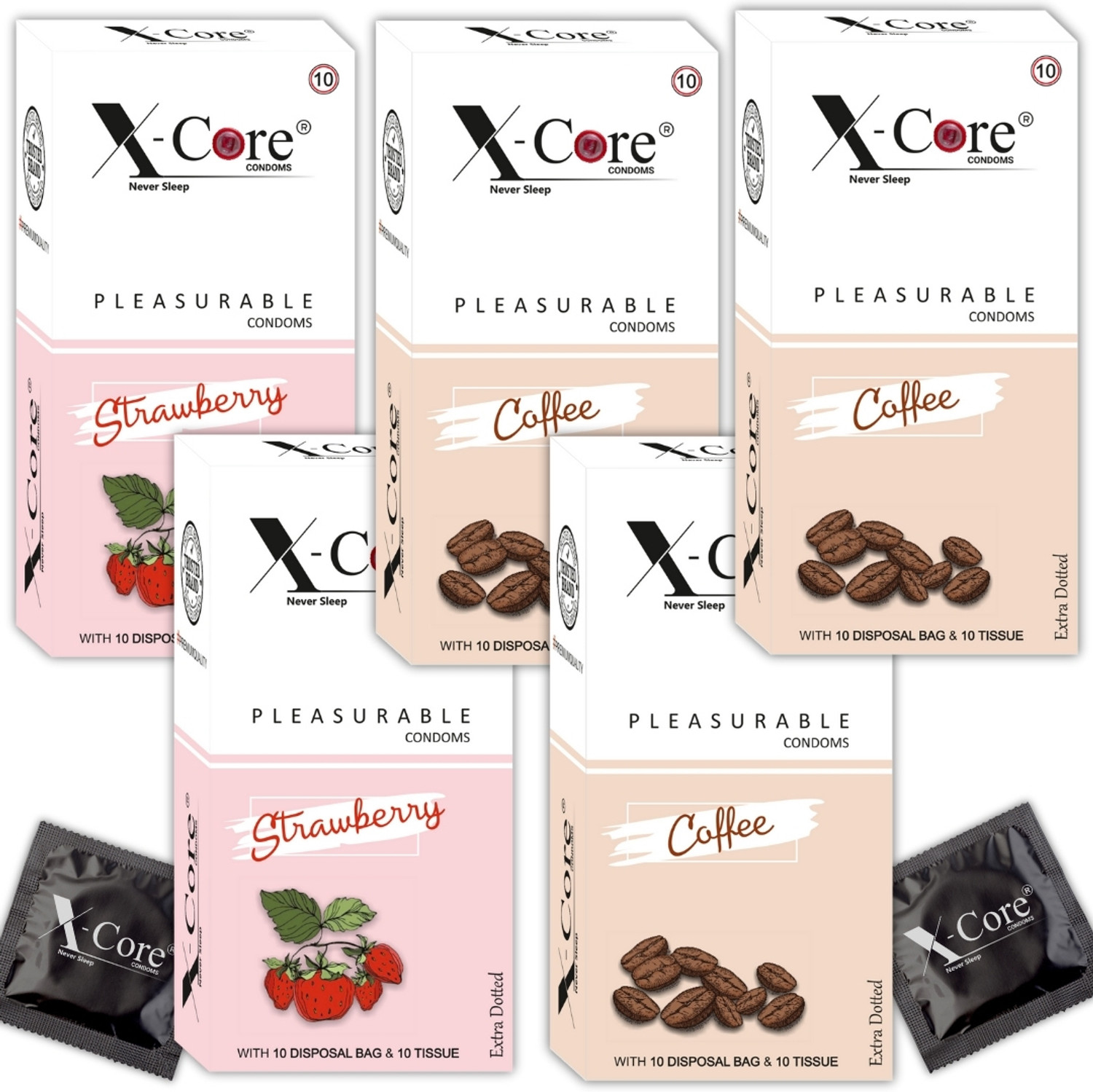 Image of X-Core dotted condoms- 50 pcs flavored condoms, with 50 pcs. DISPOSAL POUCHES & 50 pcs. TISSUE PAPERS, Free of chemicals like paraben, Flavors-(coffee & Strawberry), 5x10's box= 50 PCS. Condom