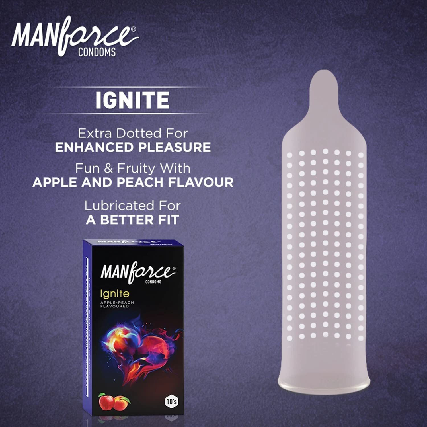 Image of MANFORCE Ignite Apple-peach Flavoured Extra Dotted Box Condoms - 10 Pieces & Cocktail Condoms with Dotted-Rings, Strawberry & Vanilla Flavoured- 10 Pieces Condom (Set of 2, 20 Sheets)