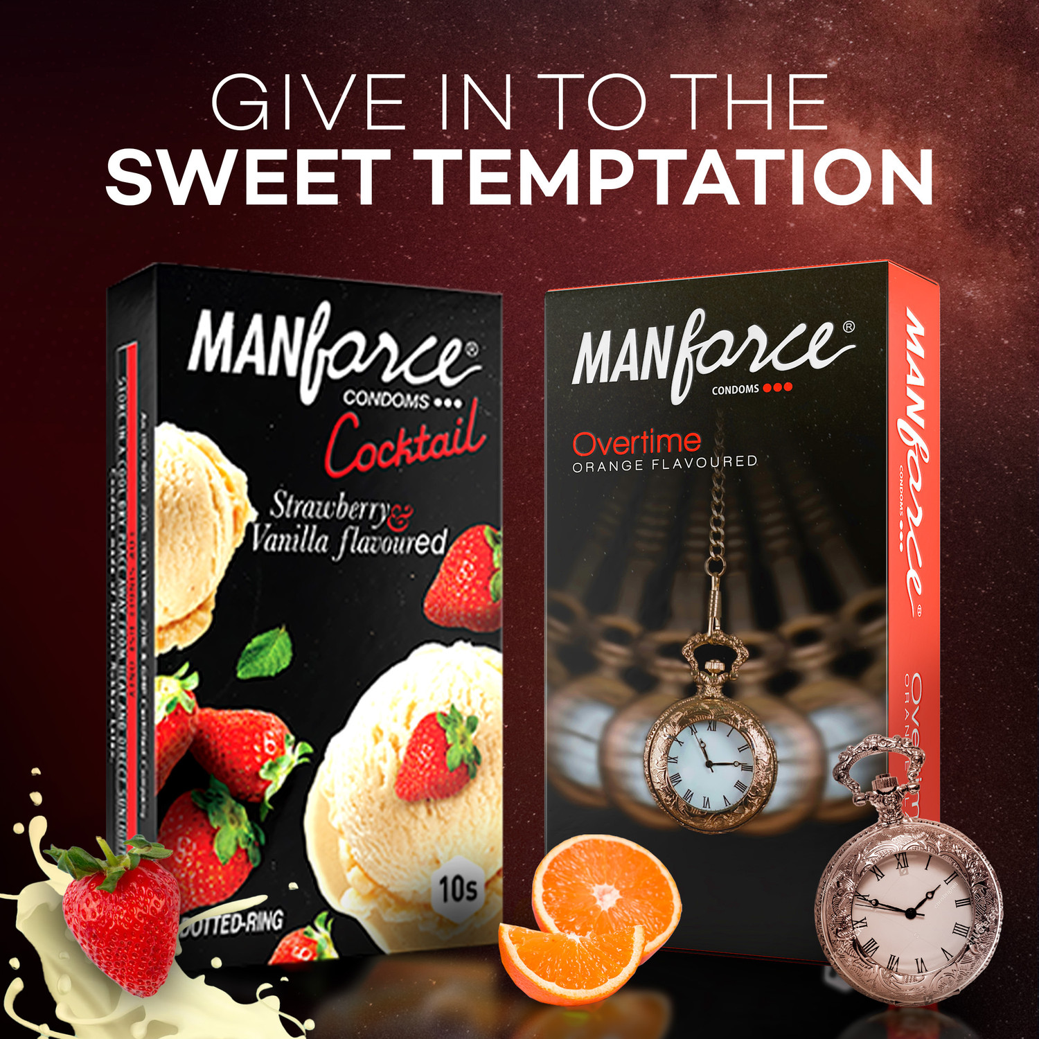Image of MANFORCE Cocktail Condoms with Dotted-Rings, Strawberry & Vanilla Flavoured- 10 Pieces & 3 in 1 Condoms (Ribbed, Contour, Dotted), Overtime Orange Flavoured- 10 Pieces Condom (Set of 2, 20 Sheets)