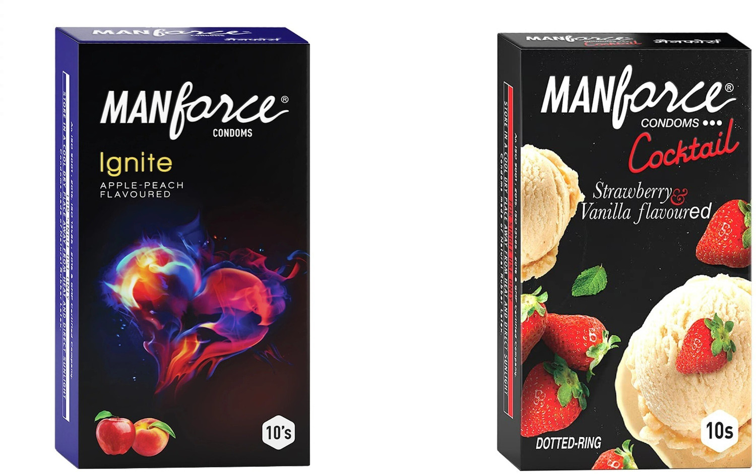 Image of MANFORCE Ignite Apple-peach Flavoured Extra Dotted Box Condoms - 10 Pieces & Cocktail Condoms with Dotted-Rings, Strawberry & Vanilla Flavoured- 10 Pieces Condom (Set of 2, 20 Sheets)