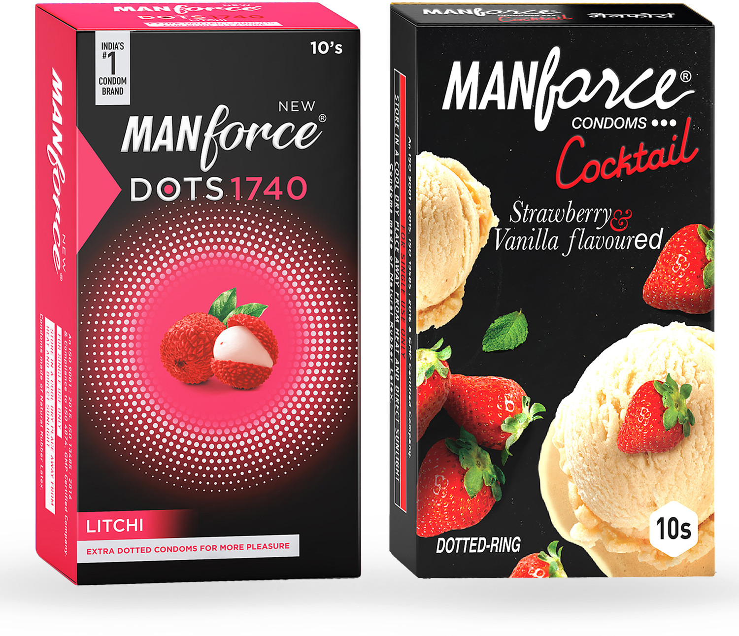 Image of MANFORCE Cocktail Condoms with Dotted-Rings, Strawberry & Vanilla Flavoured- 10 Pieces & Extra Dotted Litchi Flavoured Condoms - 10 Pieces Condom (Set of 2, 20 Sheets)