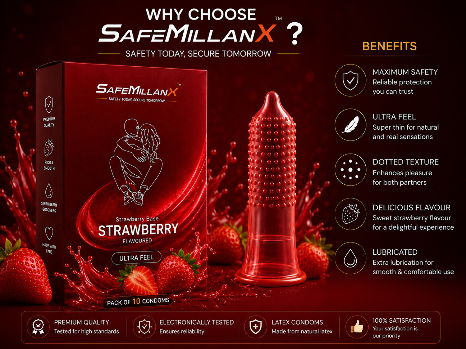 Image of SafeMillaneX Strawberry Flavoured Dotted | Premium Latex | Extra Dots for Intense Pleasure Condom
