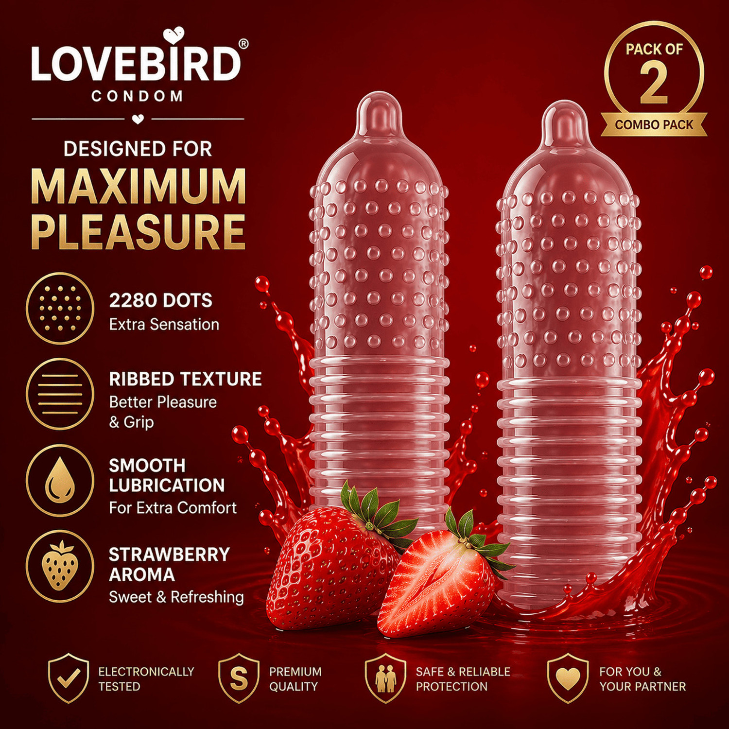 Image of LOVEBIRDCONDOM 2280 Dots Ribbed Strawberry Flavoured | Extra Lubricated | Textured & Dotted Condom