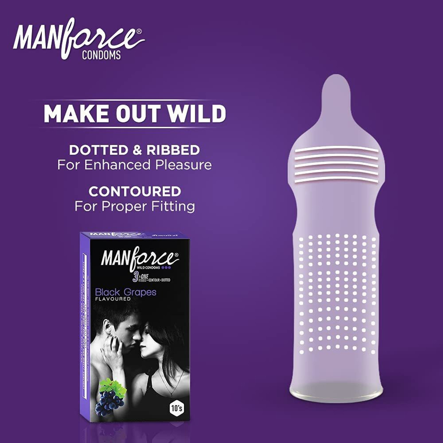 Image of MANFORCE 3 in 1 (Ribbed, Contour, Dotted) Wild Black Grapes Flavoured Condoms- 10 Pieces & 3 in 1 Wild Ribbed Contour Dotted Strawberry Flavor Condoms - 10 Pieces Condom (Set of 2, 20 Sheets)