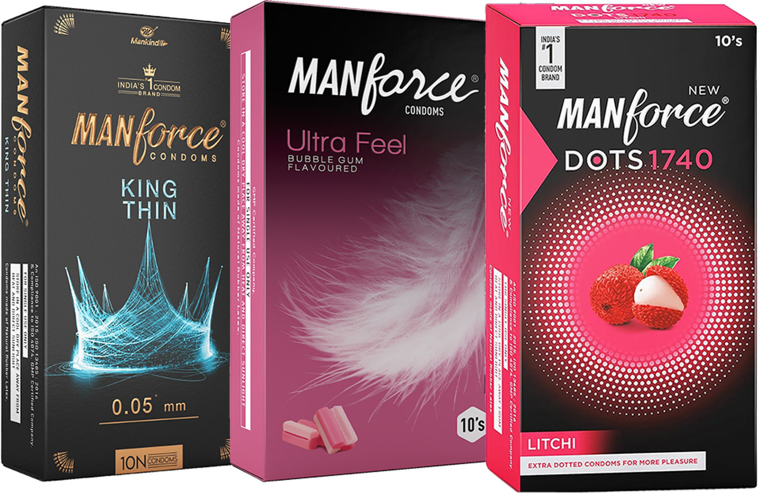 Image of MANFORCE Condoms combo Pack (Litchi, Ultra Feel, King thin condoms 30 Pcs, (Pack of 3) Condom