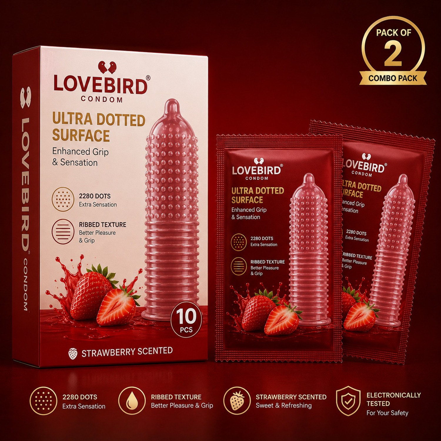 Image of LOVEBIRDCONDOM Zigzag Dotted Waves Strawberry Flavoured Condoms |3D Textured & Extra Lubricated Condom