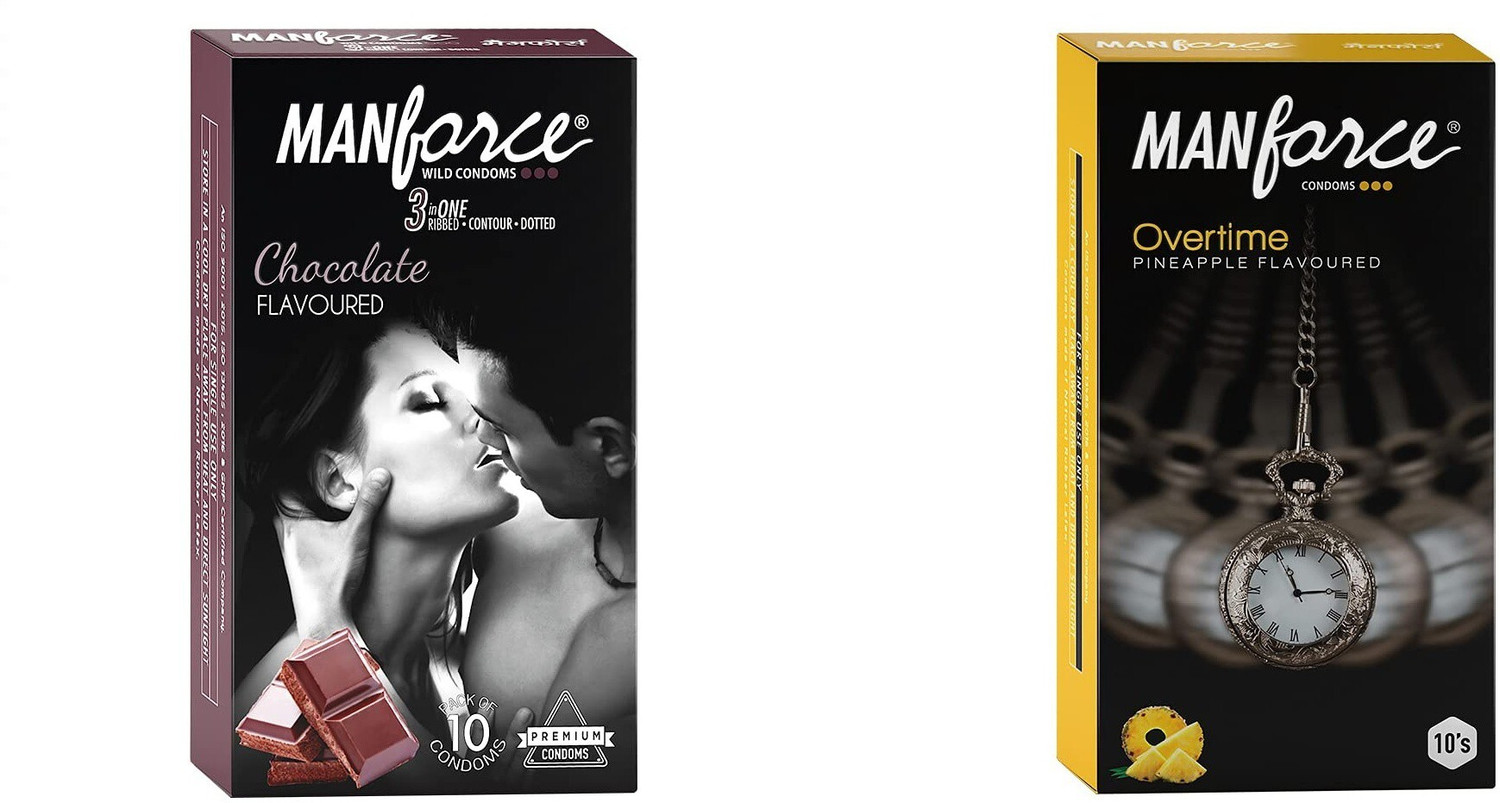 Image of MANFORCE Chocolate flavor condom - 10 Pieces & Overtime Pineapple 3in1 (Ribbed, Contour, Dotted) Condoms - 10 Pieces Condom (Set of 2, 20 Sheets)