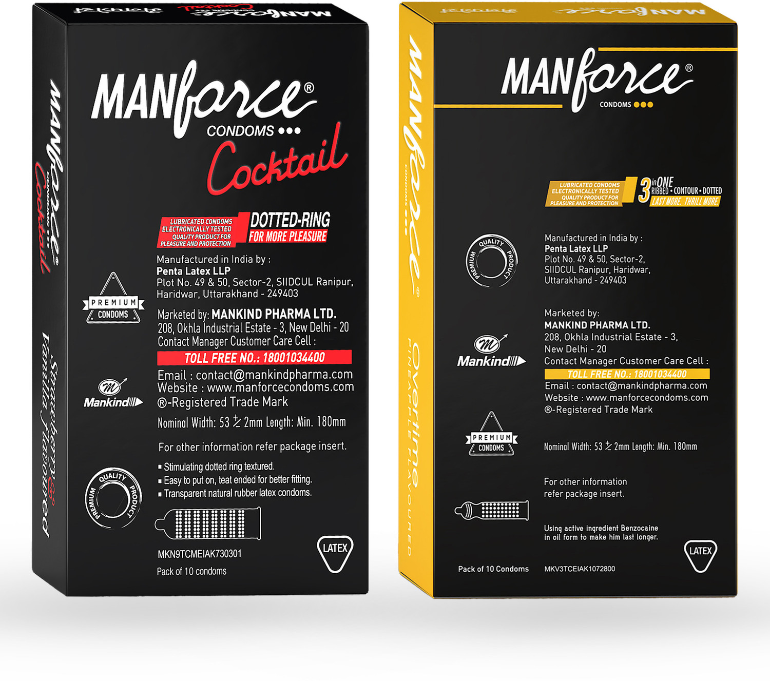 Image of MANFORCE Cocktail Condoms with Dotted-Rings, Strawberry & Vanilla Flavoured- 10 Pieces & Overtime Pineapple 3in1 (Ribbed, Contour, Dotted) Condoms - 10 Pieces Condom (Set of 2, 20 Sheets)
