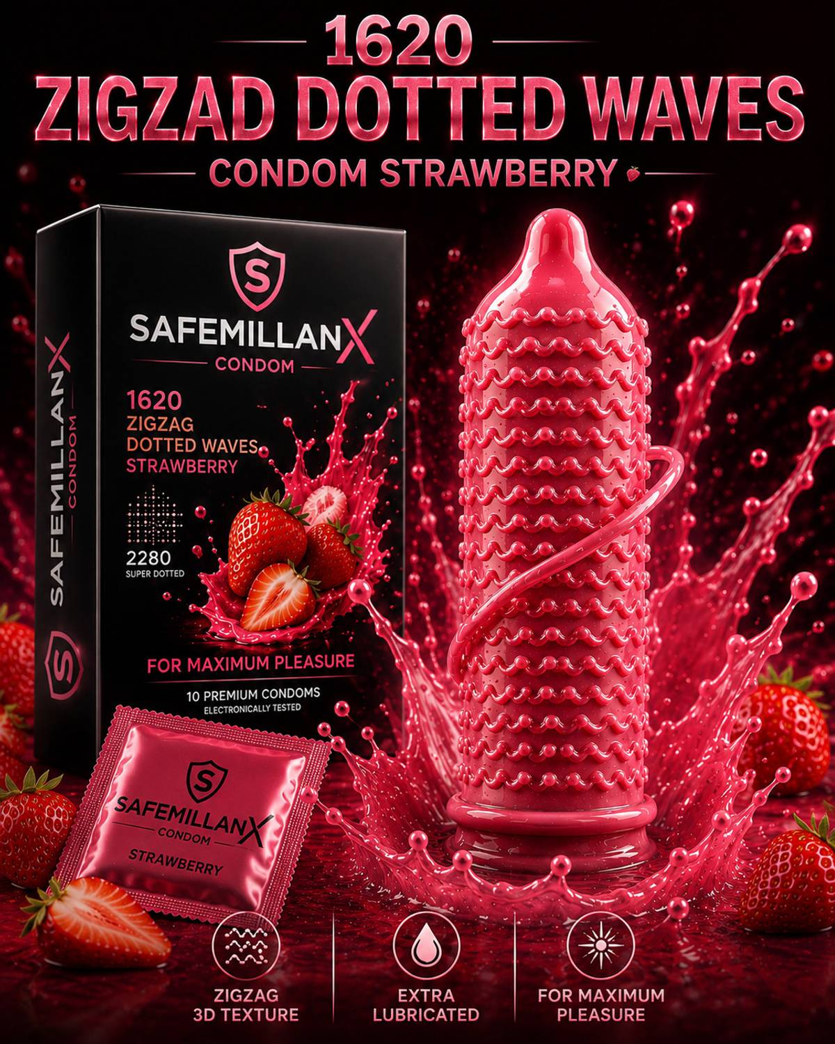 SafeMillaneX Zigzag Dotted Waves Strawberry Flavoured Condom - Image 1