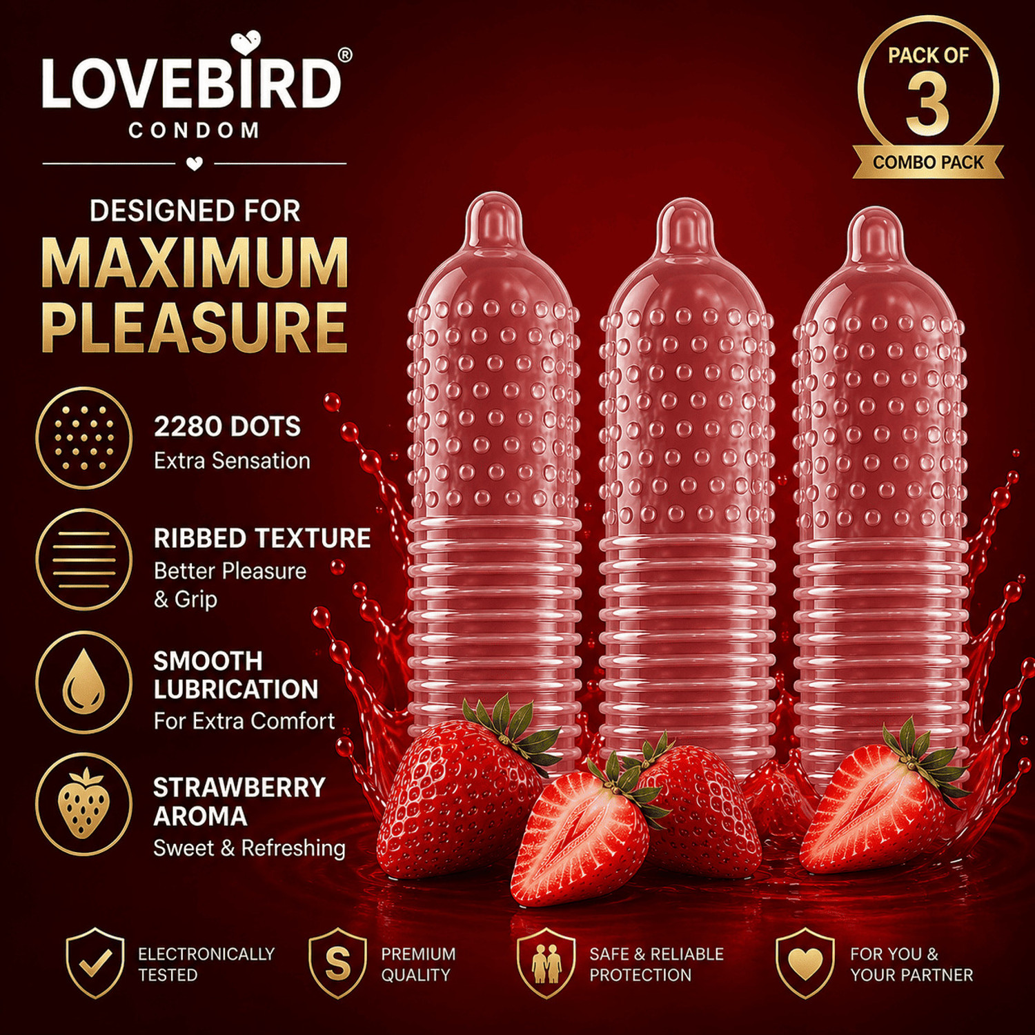 Image of LOVEBIRDCONDOM Strawberry Dotted & Ribbed Condoms, 2280 Dots, Smooth Lubricati, Extra Sensation Condom