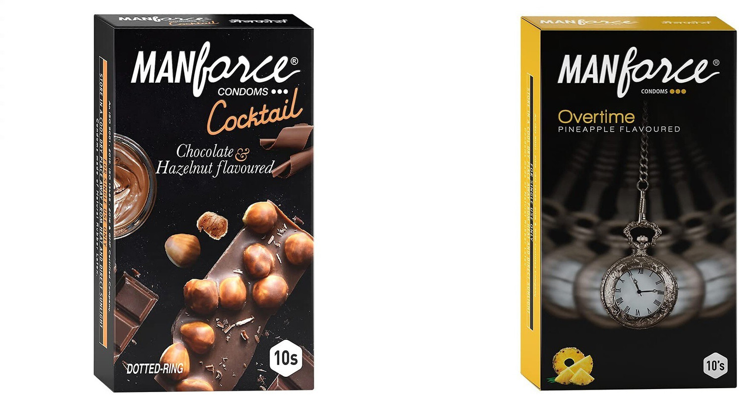 Image of MANFORCE Cocktail Condoms with Dotted-Rings, Hazelnut & Chocolate Flavoured- 10 Pieces & Overtime Pineapple 3in1 (Ribbed, Contour, Dotted) Condoms - 10 Pieces Condom (Set of 2, 20 Sheets)