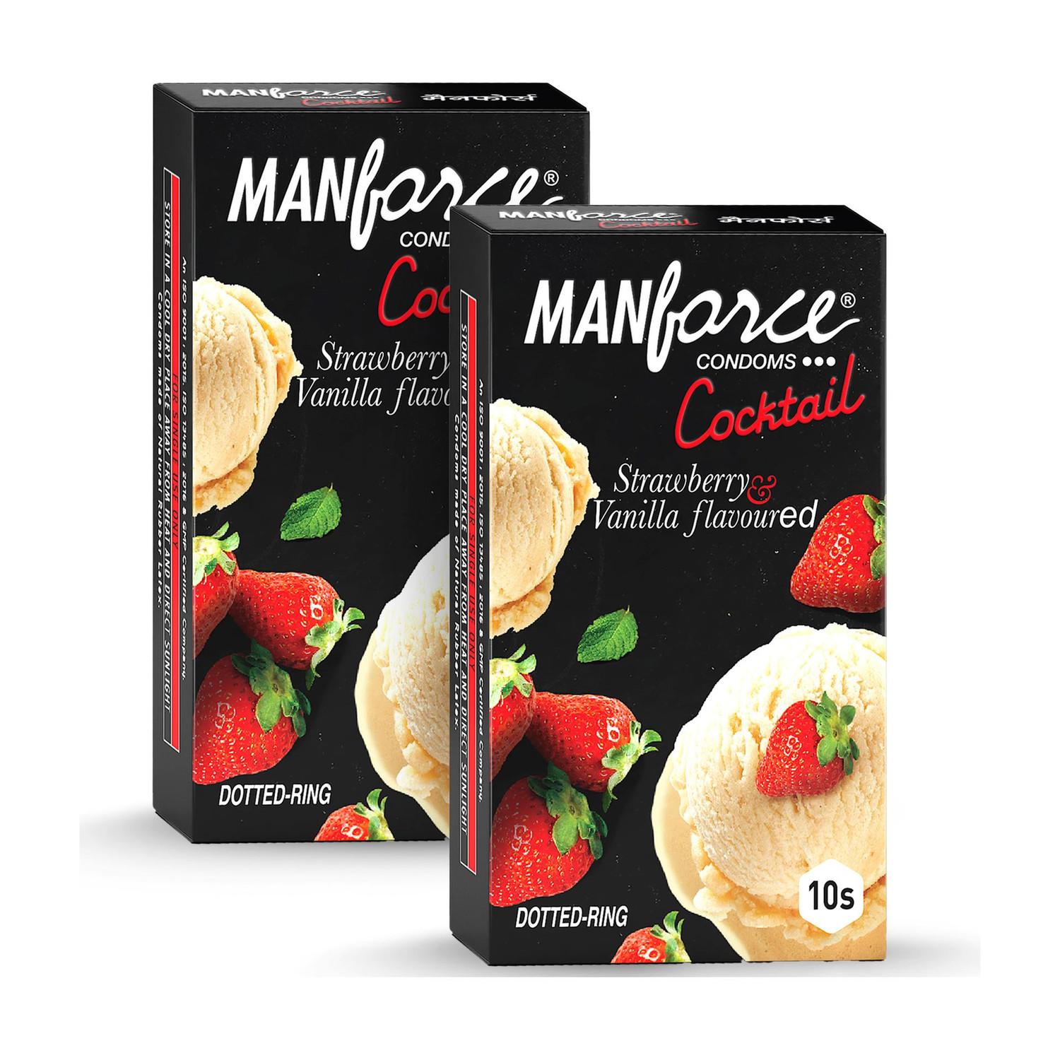 Image of MANFORCE Cocktail Condoms with Dotted-Rings, Strawberry & Vanilla Flavoured- 10 Pieces x Pack of 2 Condom (Set of 2, 20 Sheets)