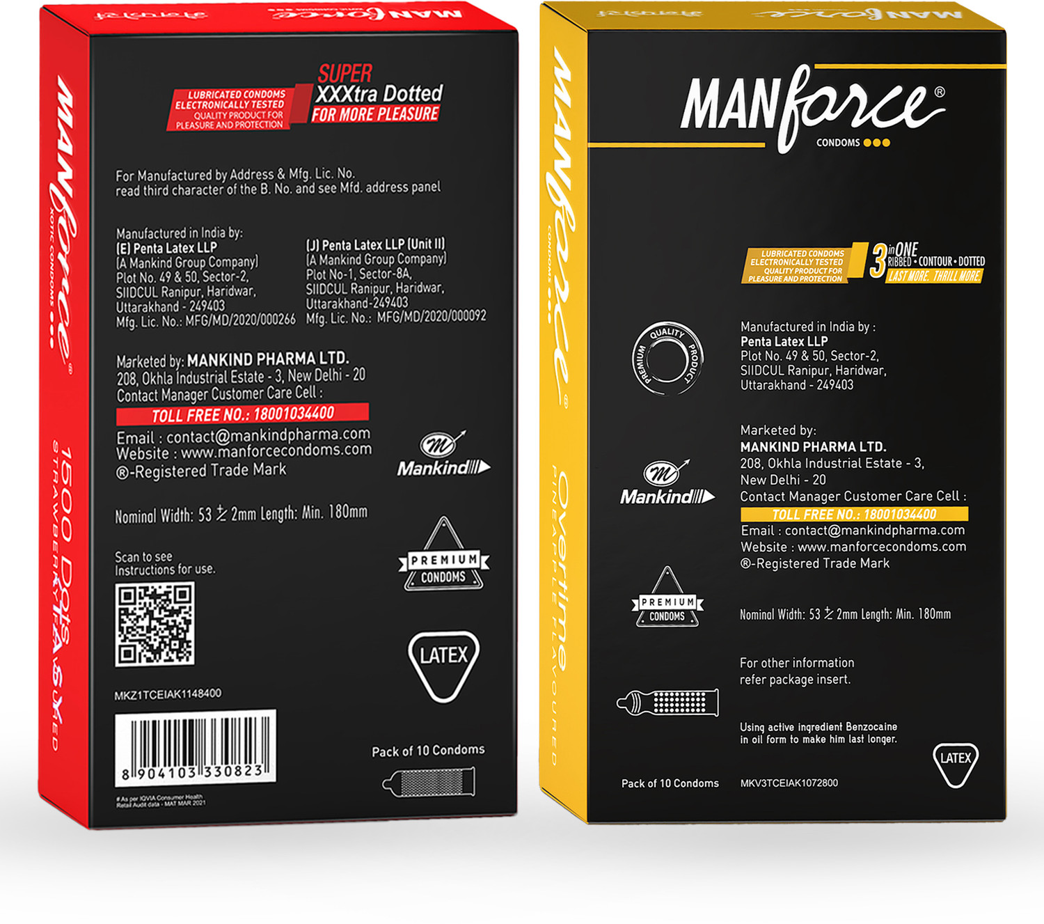 Image of MANFORCE 3 in 1 Wild Ribbed Contour Dotted Strawberry Flavor Condoms - 10 Pieces & Overtime Pineapple 3in1 (Ribbed, Contour, Dotted) Condoms - 10 Pieces Condom (Set of 2, 20 Sheets)
