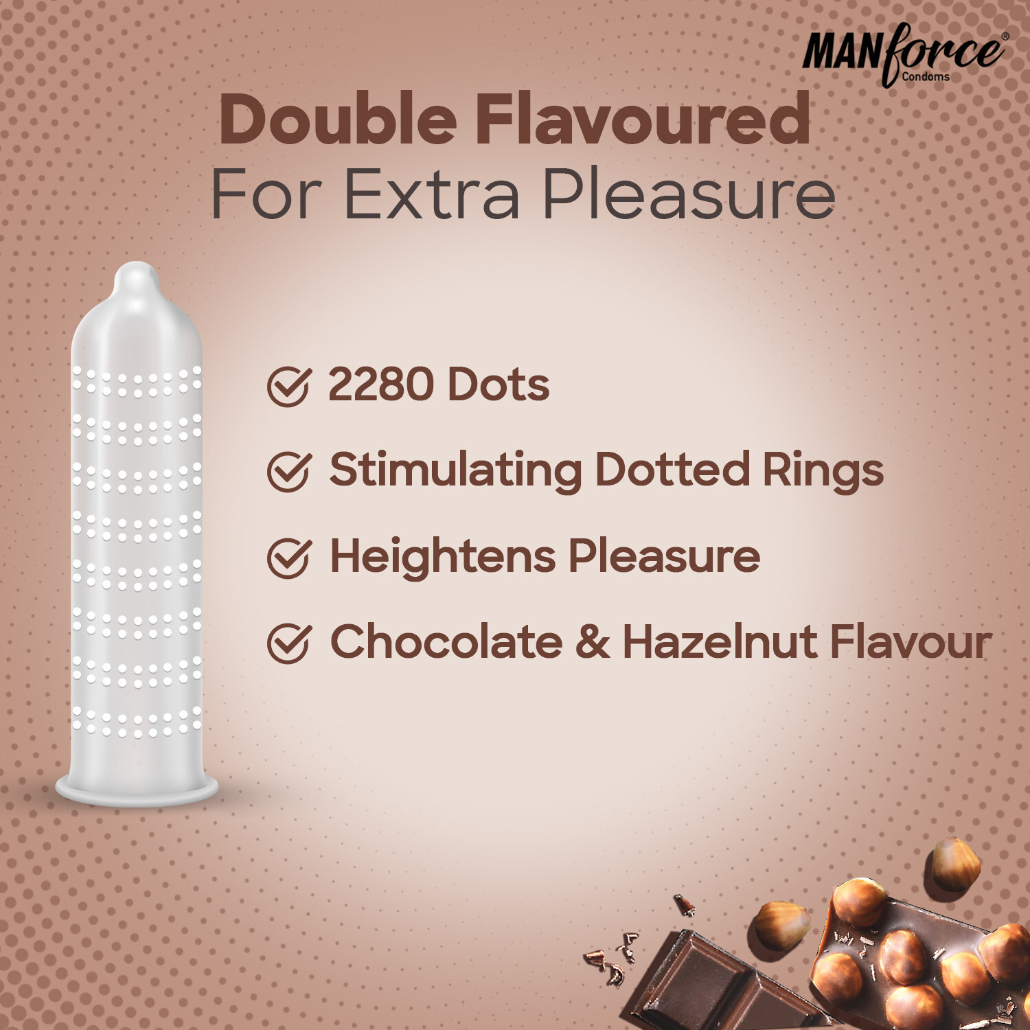 Image of MANFORCE Cocktail Condoms with Dotted-Rings, Hazelnut & Chocolate Flavoured- 10 Pieces x Pack of 3 Condom (Set of 3, 30 Sheets)