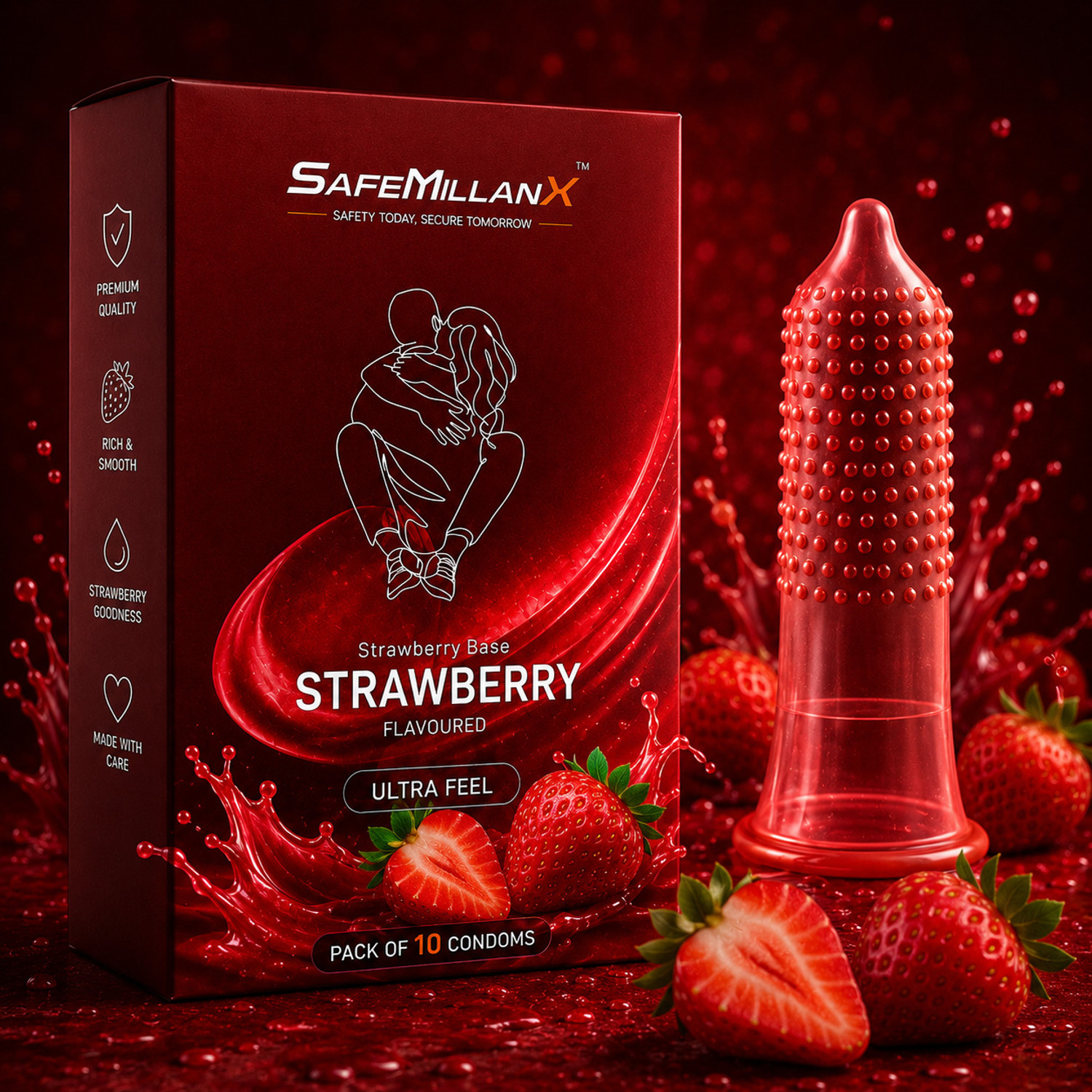 Image of SafeMillaneX Strawberry Flavoured Dotted | Premium Latex | Extra Dots for Intense Pleasure Condom