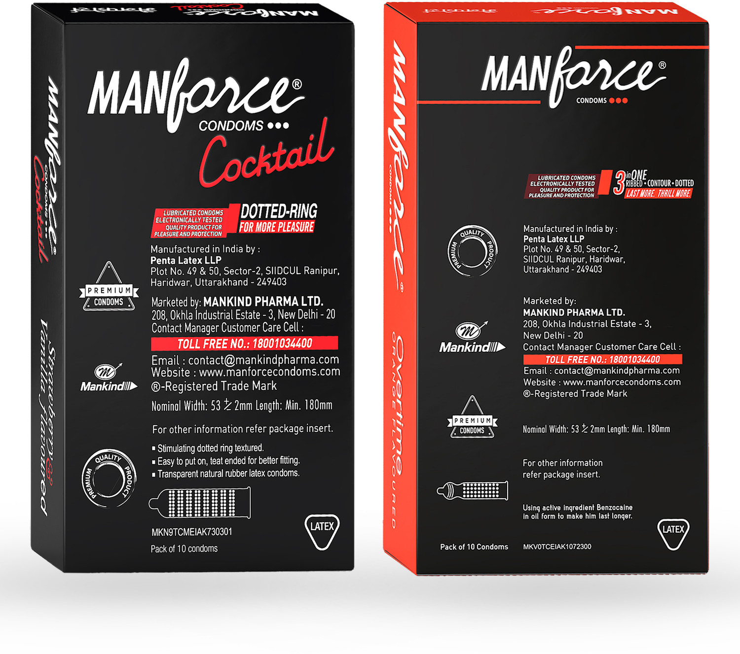 Image of MANFORCE Cocktail Condoms with Dotted-Rings, Strawberry & Vanilla Flavoured- 10 Pieces & 3 in 1 Condoms (Ribbed, Contour, Dotted), Overtime Orange Flavoured- 10 Pieces Condom (Set of 2, 20 Sheets)