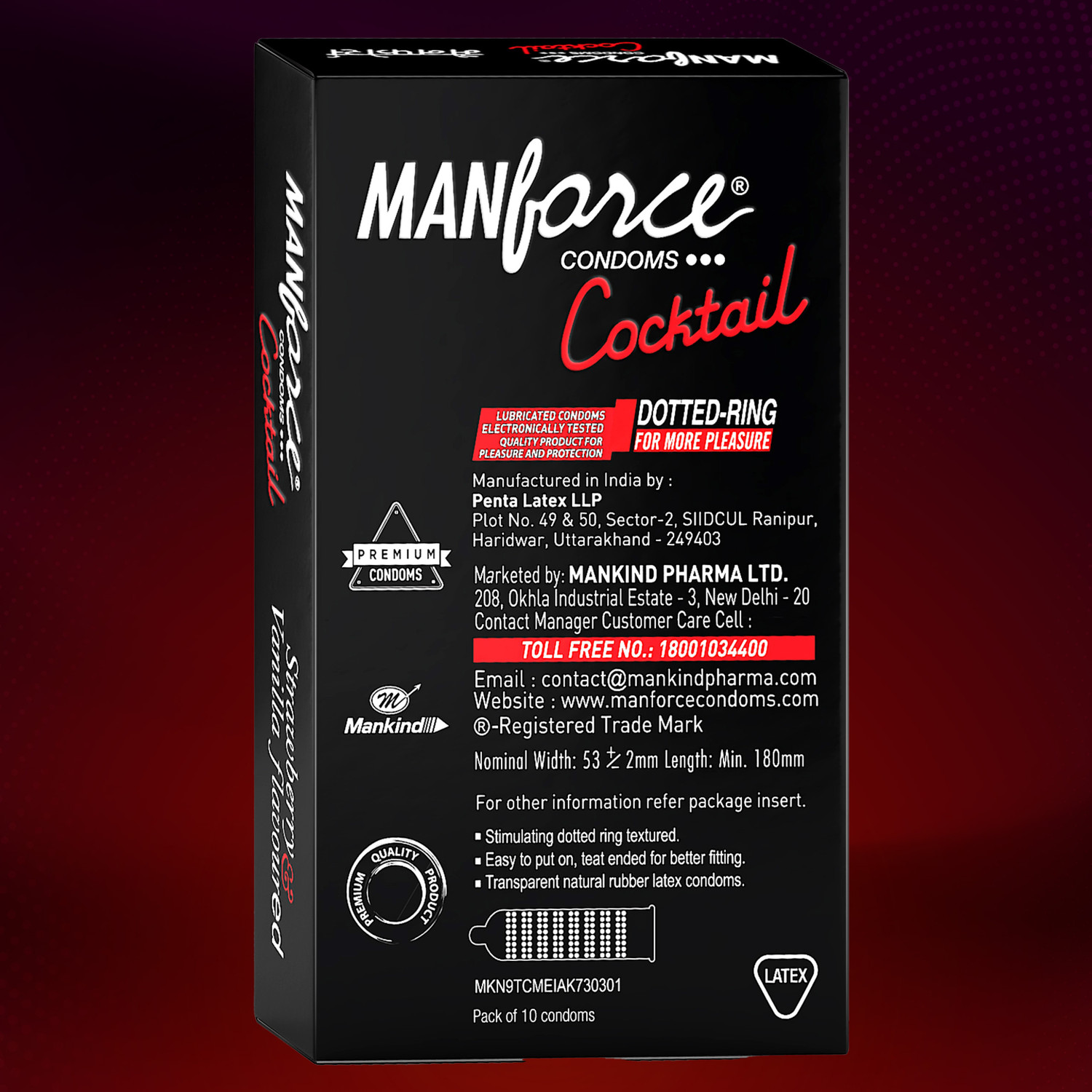 Image of MANFORCE Cocktail Condoms with Dotted-Rings, Strawberry & Vanilla Flavoured- 10 Pieces x Pack of 2 Condom (Set of 2, 20 Sheets)