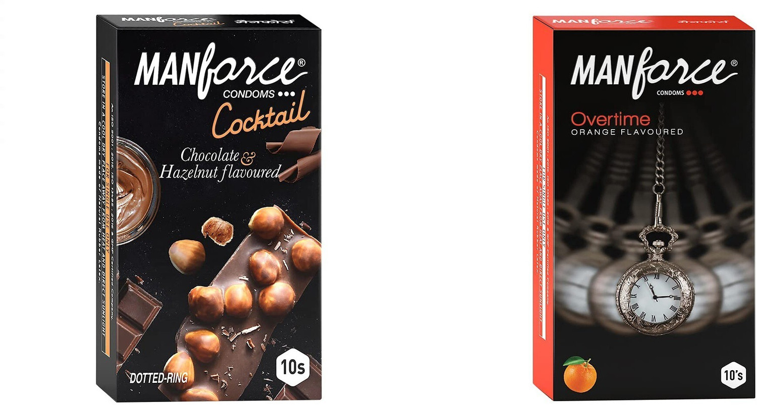 Image of MANFORCE Cocktail Condoms with Dotted-Rings, Hazelnut & Chocolate Flavoured- 10 Pieces & 3 in 1 Condoms (Ribbed, Contour, Dotted), Overtime Orange Flavoured- 10 Pieces Condom (Set of 2, 20 Sheets)