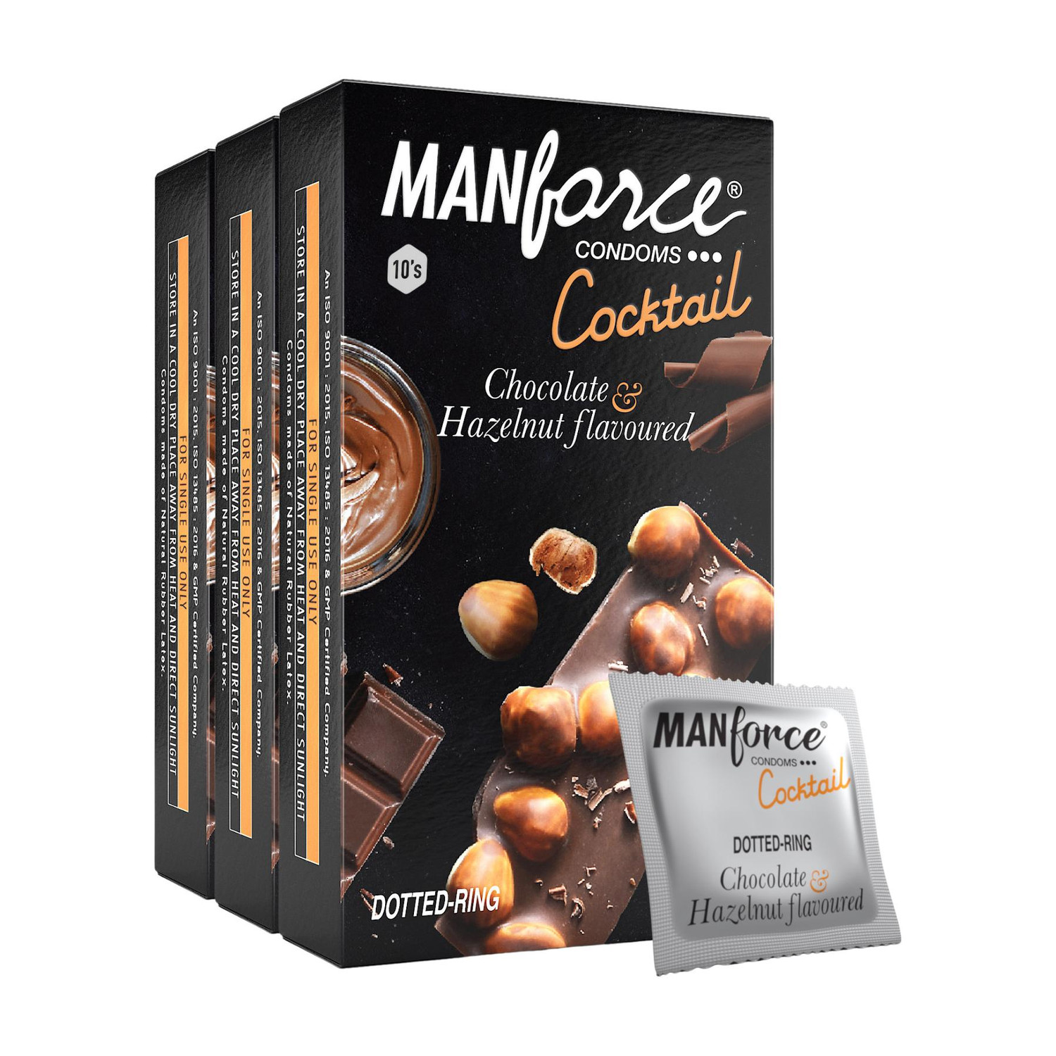 Image of MANFORCE Cocktail Condoms with Dotted-Rings, Hazelnut & Chocolate Flavoured- 10 Pieces x Pack of 3 Condom (Set of 3, 30 Sheets)