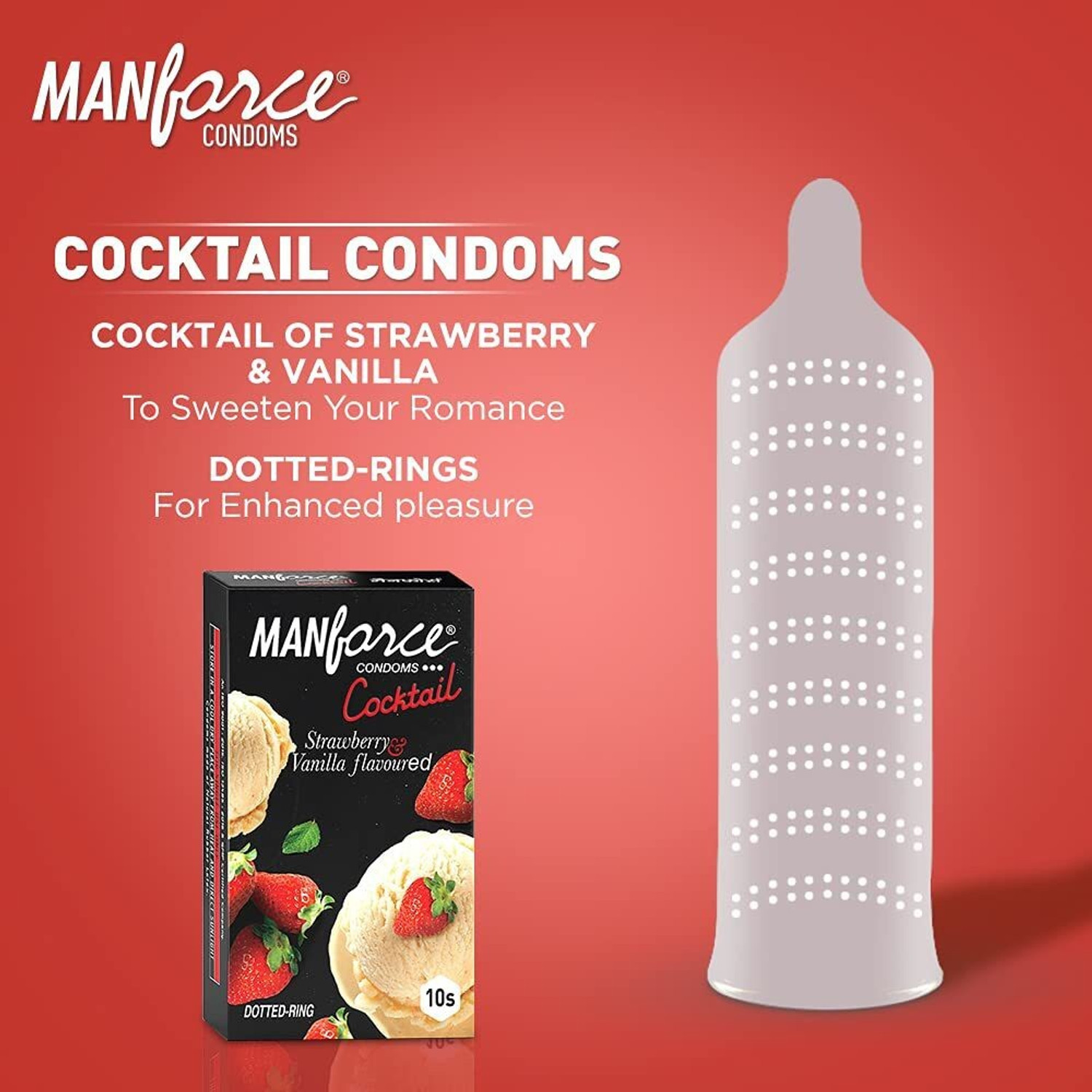 Image of MANFORCE Ignite Apple-peach Flavoured Extra Dotted Box Condoms - 10 Pieces & Cocktail Condoms with Dotted-Rings, Strawberry & Vanilla Flavoured- 10 Pieces Condom (Set of 2, 20 Sheets)