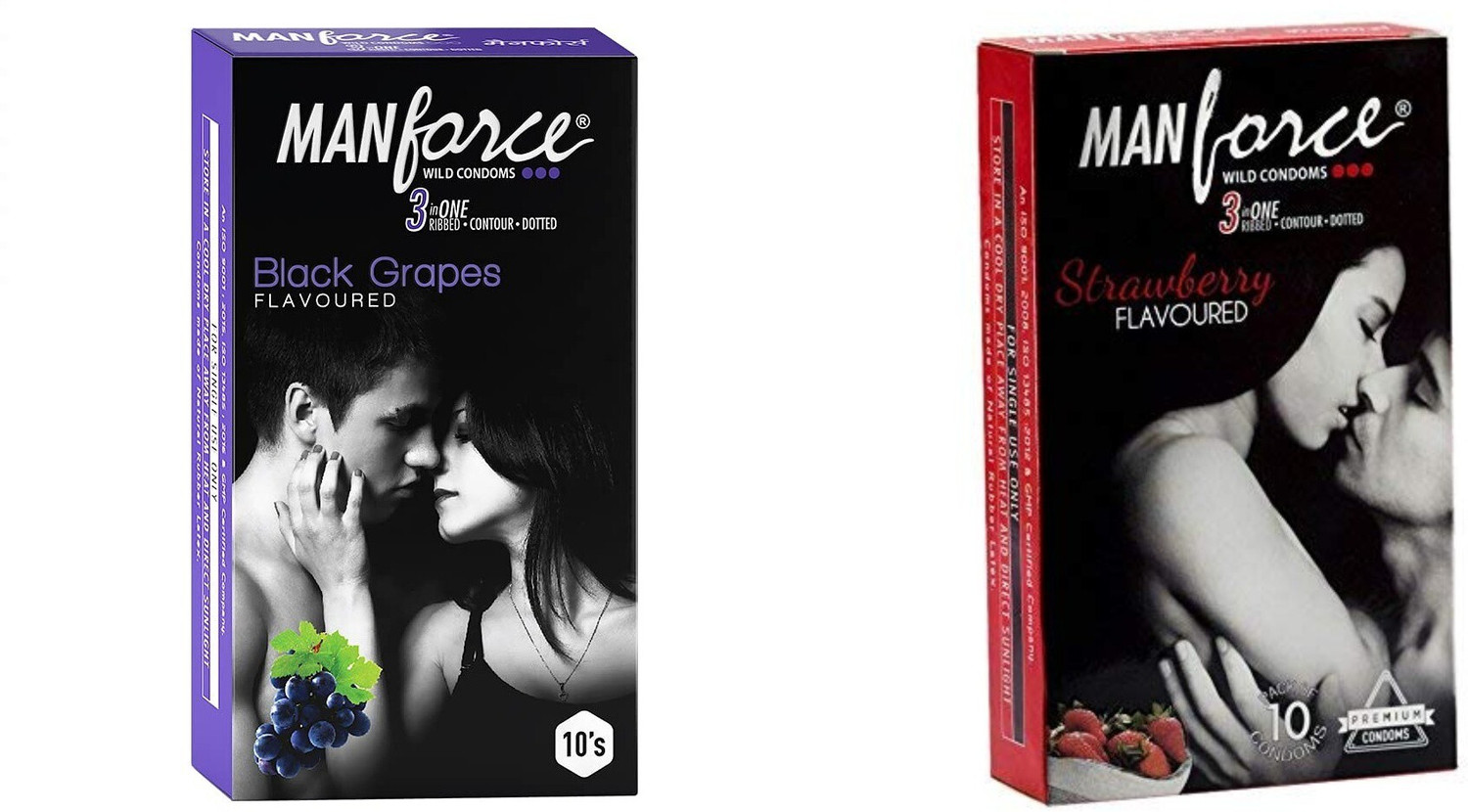 Image of MANFORCE 3 in 1 (Ribbed, Contour, Dotted) Wild Black Grapes Flavoured Condoms- 10 Pieces & 3 in 1 Wild Ribbed Contour Dotted Strawberry Flavor Condoms - 10 Pieces Condom (Set of 2, 20 Sheets)