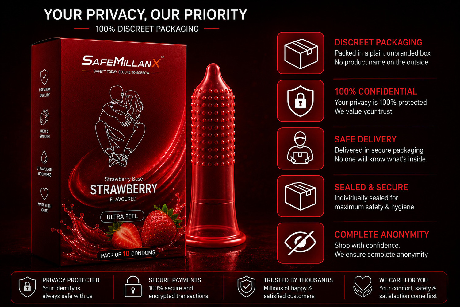 Image of SafeMillaneX Strawberry Flavoured Dotted | Premium Latex | Extra Dots for Intense Pleasure Condom