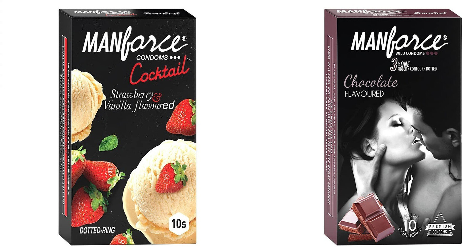 Image of MANFORCE Cocktail Condoms with Dotted-Rings, Strawberry & Vanilla Flavoured- 10 Pieces & Chocolate flavor condom - 10 Pieces Condom (Set of 2, 20 Sheets)