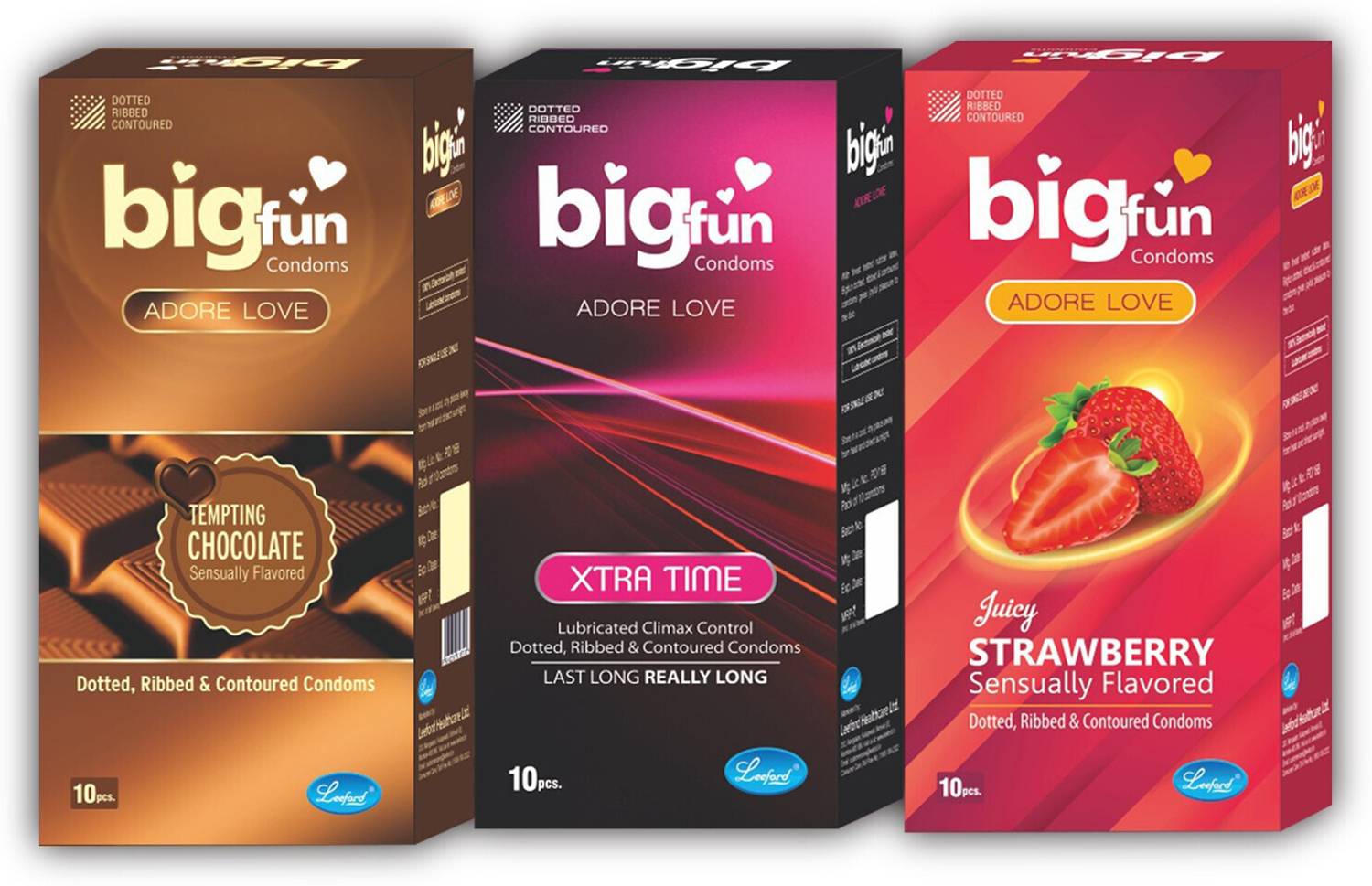 BIGFUN Dotted & Ribbed Condom Each 10pcs Combo (Strawberry, Xtra Time, Chocolate) Condom