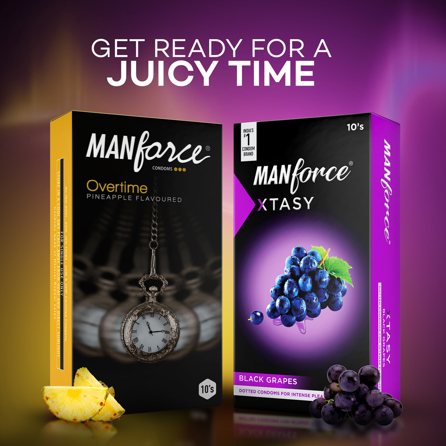 Image of MANFORCE 3 in 1 (Ribbed, Contour, Dotted) Wild Black Grapes Flavoured Condoms- 10 Pieces & Overtime Pineapple 3in1 (Ribbed, Contour, Dotted) Condoms - 10 Pieces Condom (Set of 2, 20 Sheets)