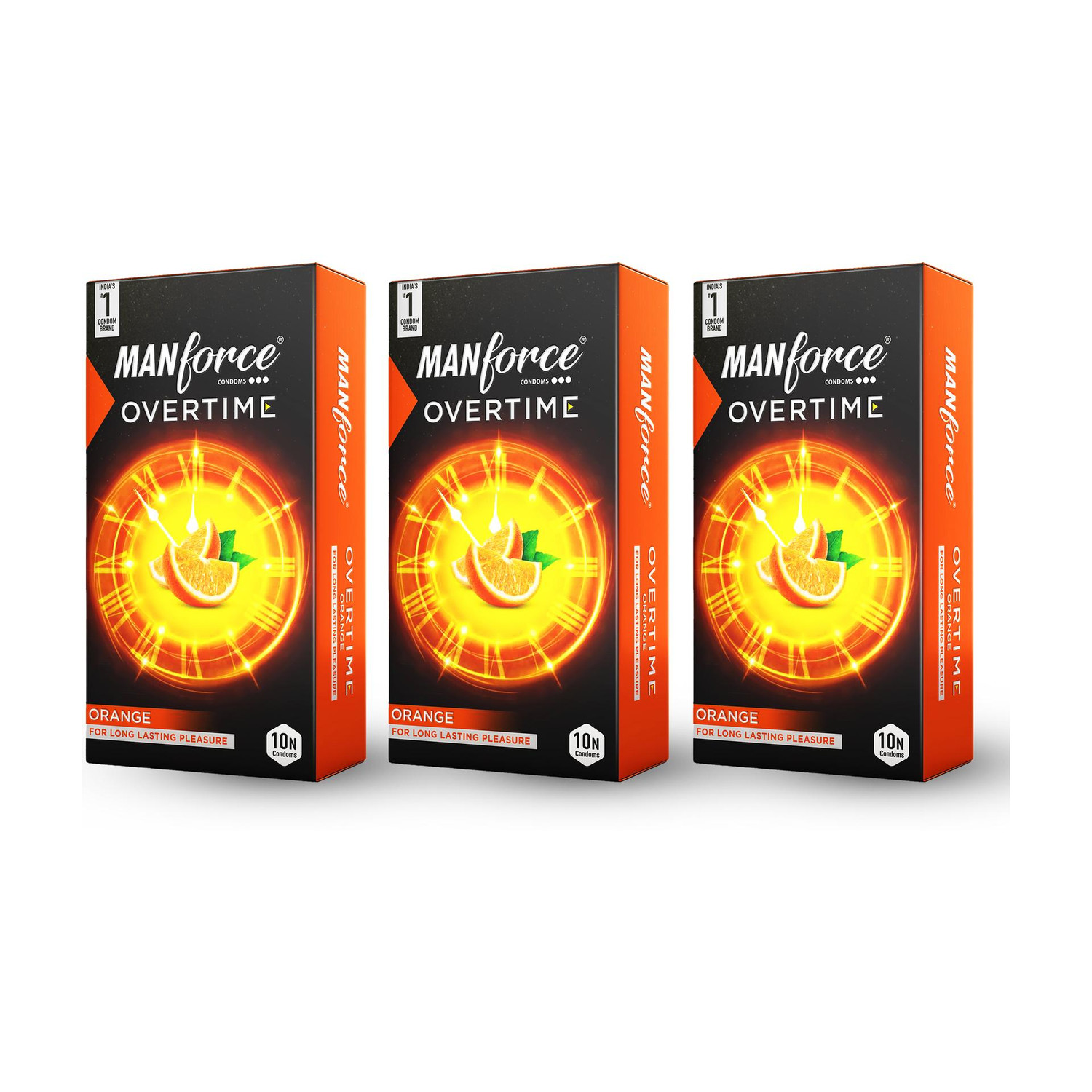 Image of MANFORCE 3 in 1 Condoms (Ribbed, Contour, Dotted), Overtime Orange Flavoured- 10 Pieces x Pack of 3 Condom (Set of 3, 30 Sheets)