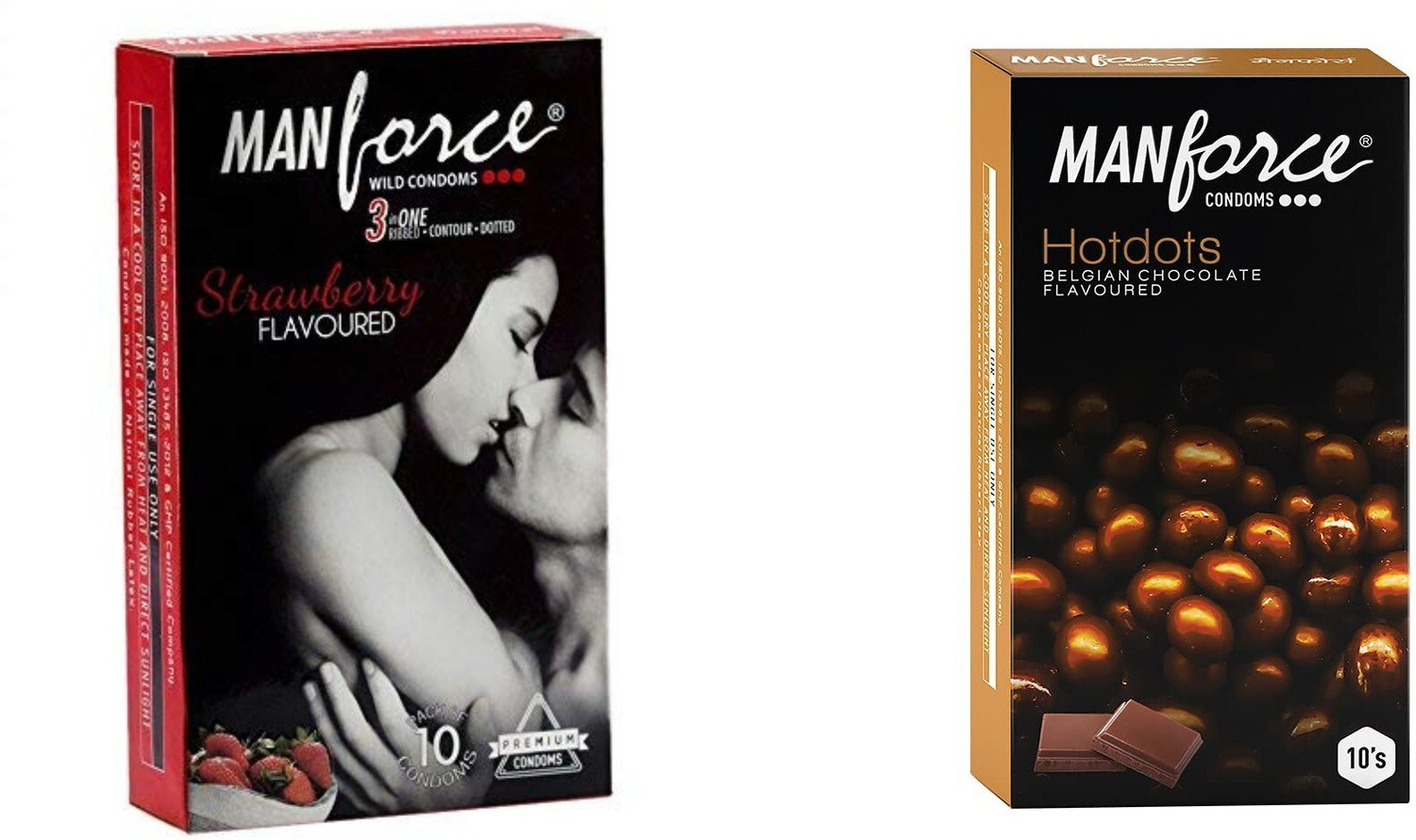 Image of MANFORCE 3 in 1 Wild Ribbed Contour Dotted Strawberry Flavor Condoms - 10 Pieces & Premium Hotdots Belgian Chocolate Condoms with Bigger Dots - 10 Pieces Condom (Set of 2, 20 Sheets)