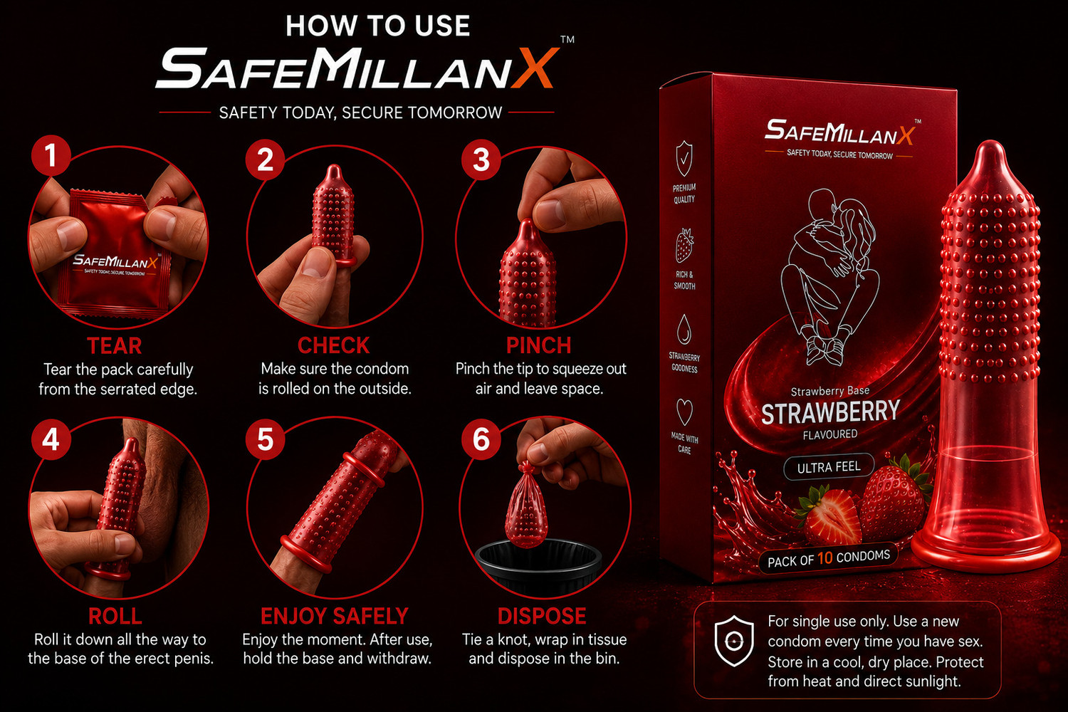 Image of SafeMillaneX Strawberry Flavoured Dotted | Premium Latex | Extra Dots for Intense Pleasure Condom