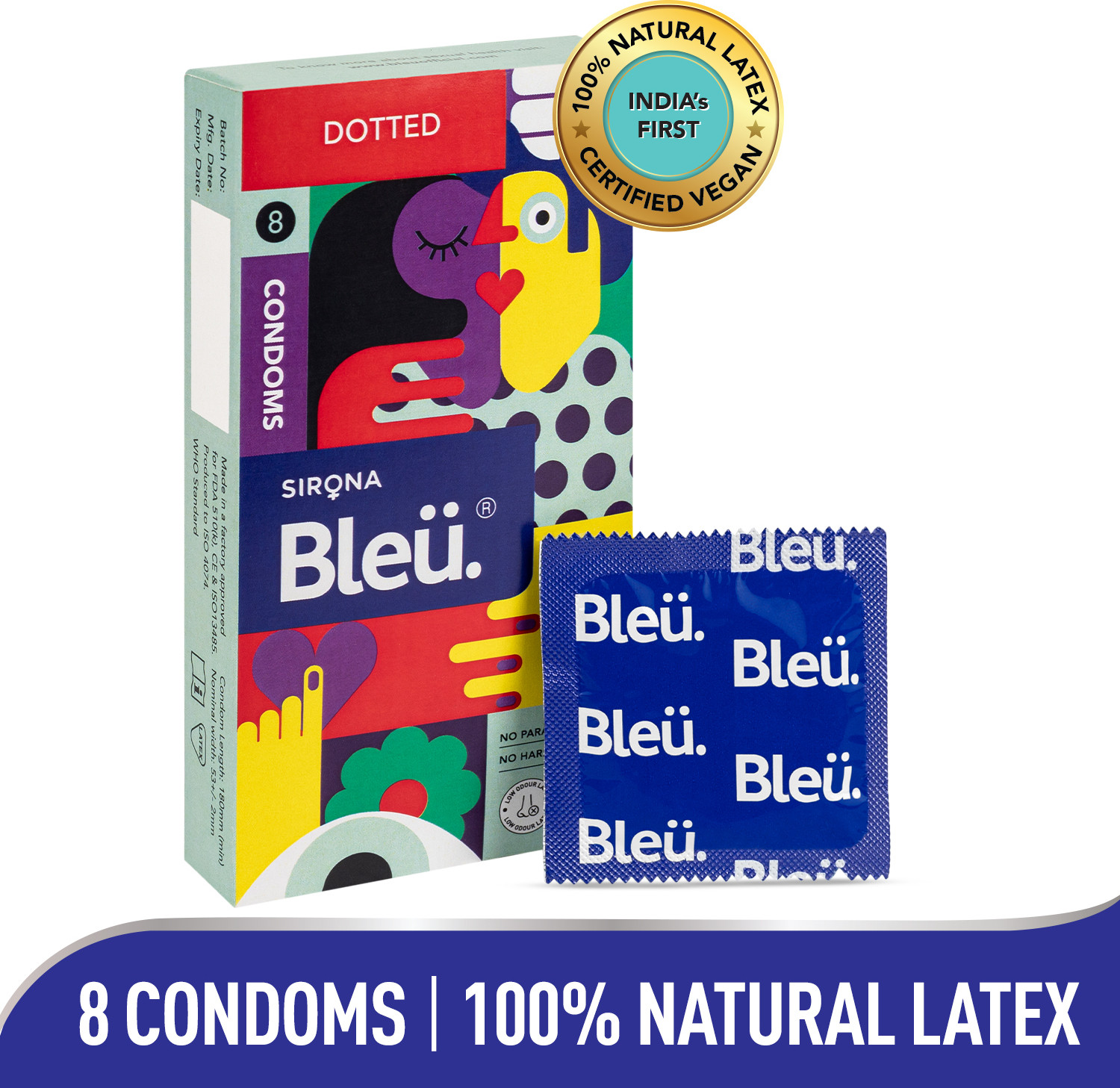 Image of Bleu Extra Dotted Condoms for Men | 100% Natural Latex, Vegan & Toxin Free Condom
