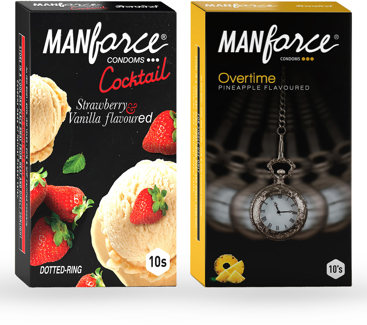 Image of MANFORCE Cocktail Condoms with Dotted-Rings, Strawberry & Vanilla Flavoured- 10 Pieces & Overtime Pineapple 3in1 (Ribbed, Contour, Dotted) Condoms - 10 Pieces Condom (Set of 2, 20 Sheets)